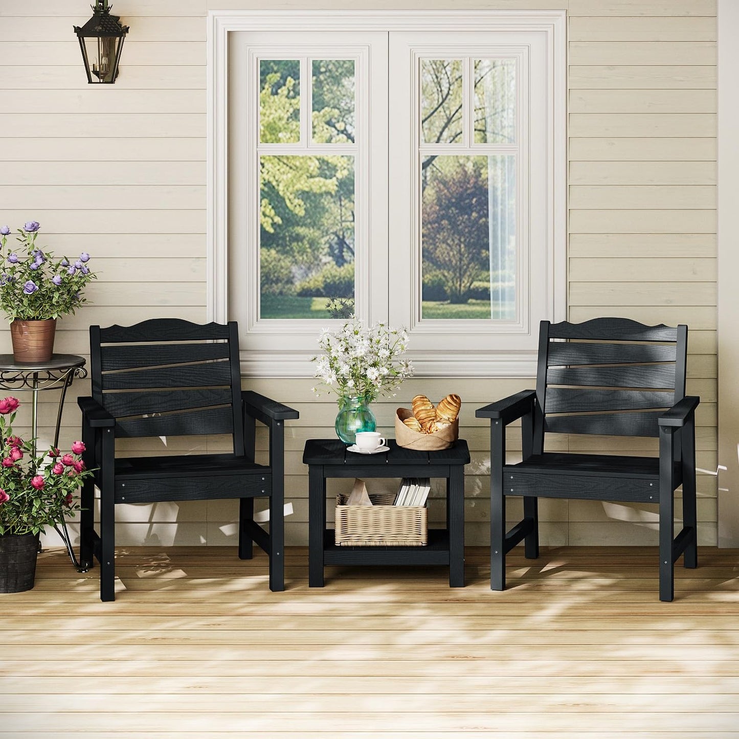 Weatherproof Patio Chair, Poly Lumber Outdoor Patio Chairs with Ergonomic Curved Seat, 400lbs Capacity Outdoor Dining Chairs for Garden, Porch, Lawn & Backyard, Black