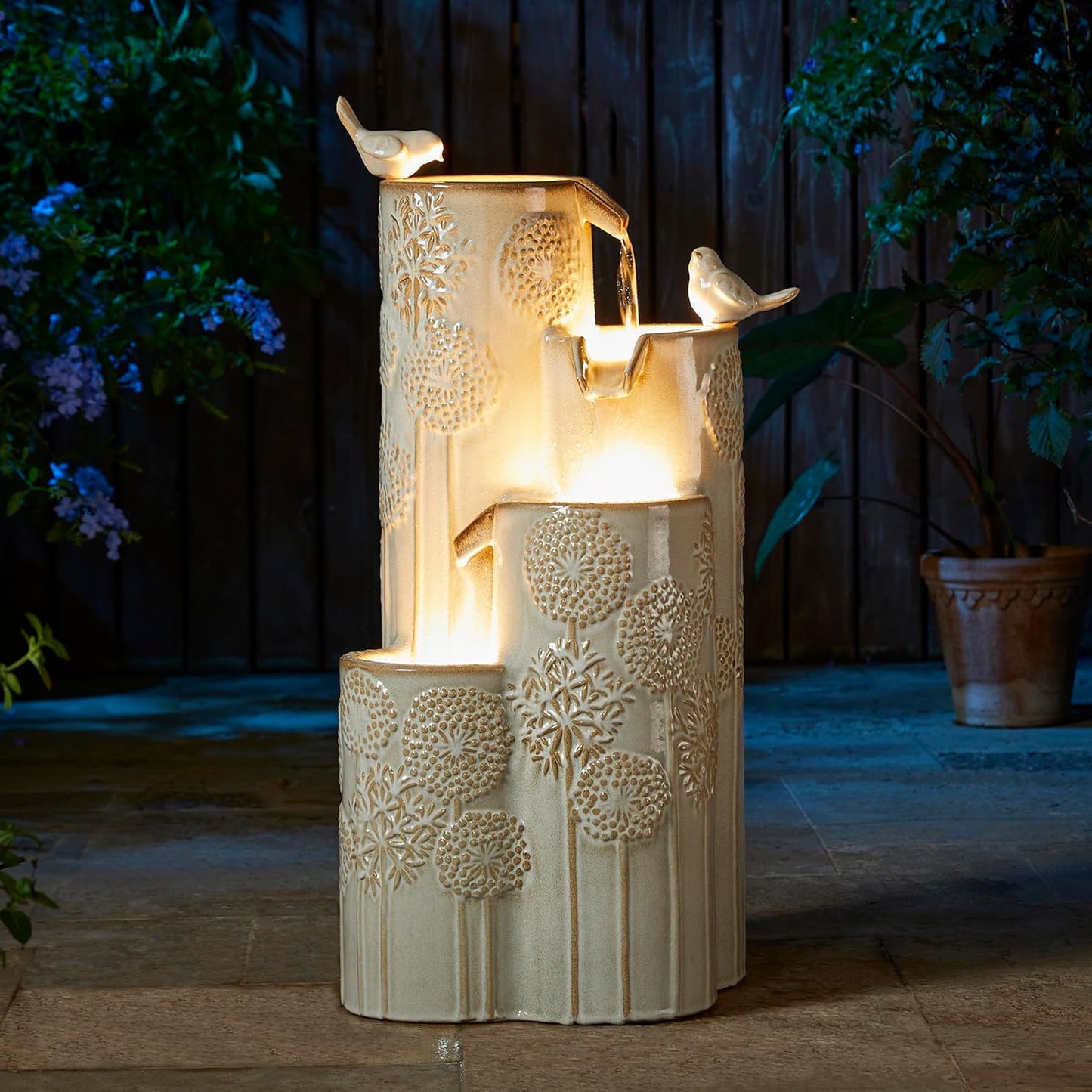 Glitzhome 31.75" H Outdoor Water Fountain with LED Lights and Pump, 4 Tier Dandelion Texture Vase Shaped Ceramic Floor Standing Fountain with Birds for Porch Deck Garden Patio Backyard, Sand Beige