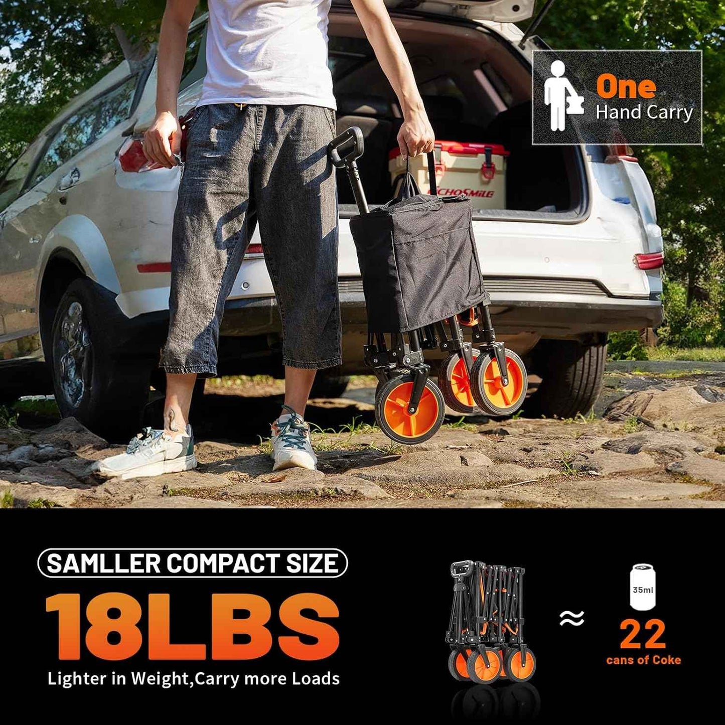 Collapsible Foldable Wagon with 300lbs Weight Cart Heavy Duty Folding Beach Wagon Cart with Wheels and Adjustable Handle for Camping Garden Sports Outdoor Activities Shopping,Black and Orange