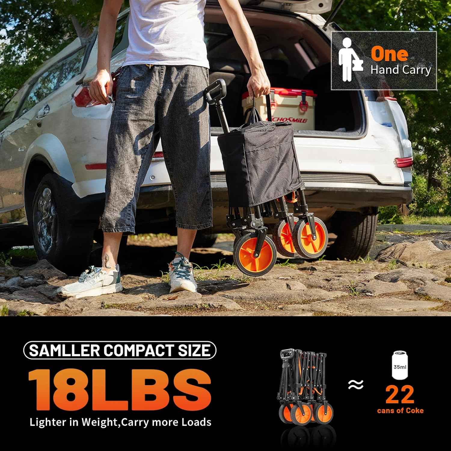 Collapsible Foldable Wagon with 300lbs Weight Cart Heavy Duty Folding Beach Wagon Cart with Wheels and Adjustable Handle for Camping Garden Sports Outdoor Activities Shopping,Black and Orange
