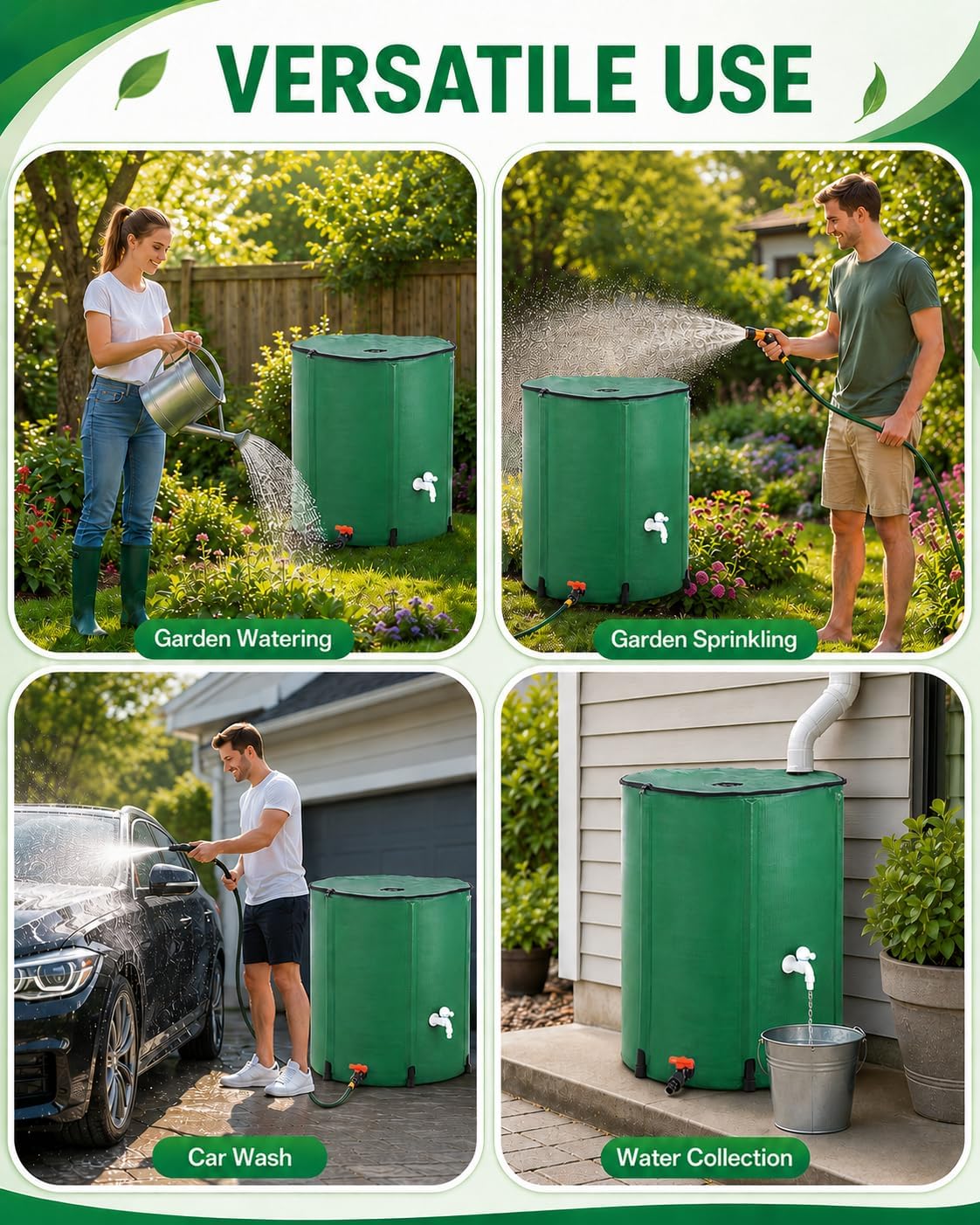 200 Gallon Collapsible Rain Barrel, Portable Rainwater Collection System, Water Storage Tank, Rain Catcher Barrel with Two Spigots and Overflow Kit, Rainwater Barrels Collector for Garden, Green