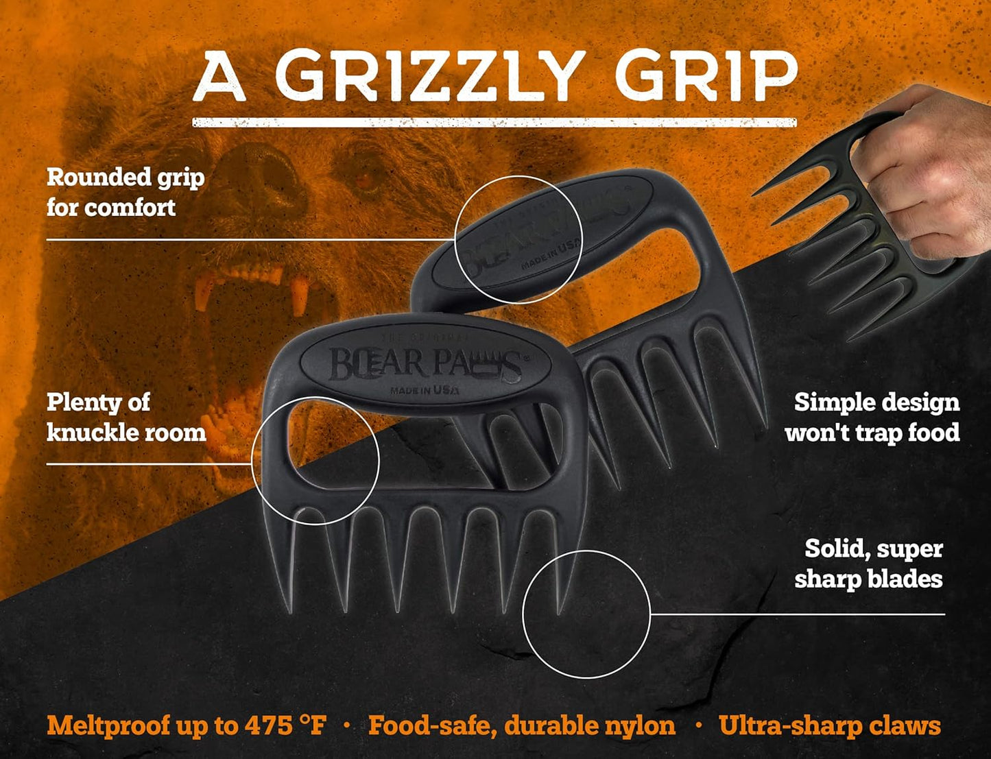 Bear Paws Meat Claws - The Original Meat Shredder Claws for Pulled Pork, USA Made - Easily Lift, Shred, Pull and Serve Pork, Chicken, Brisket and Turkey - Gift for Dad on Father's Day! (Black) - Lumora Garden
