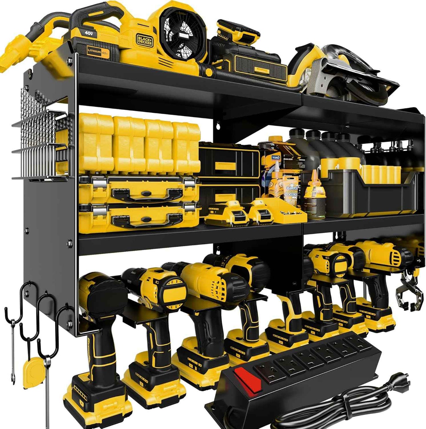 Spampur Power Tool Organizer Wall Mount with Charging Station, 15 Min Assembly & Maximum 420lb Load by Heavy Duty Metal, 8 Slots for Cordless Drill, Tool Battery Holder with 6 Outlet Power Strip