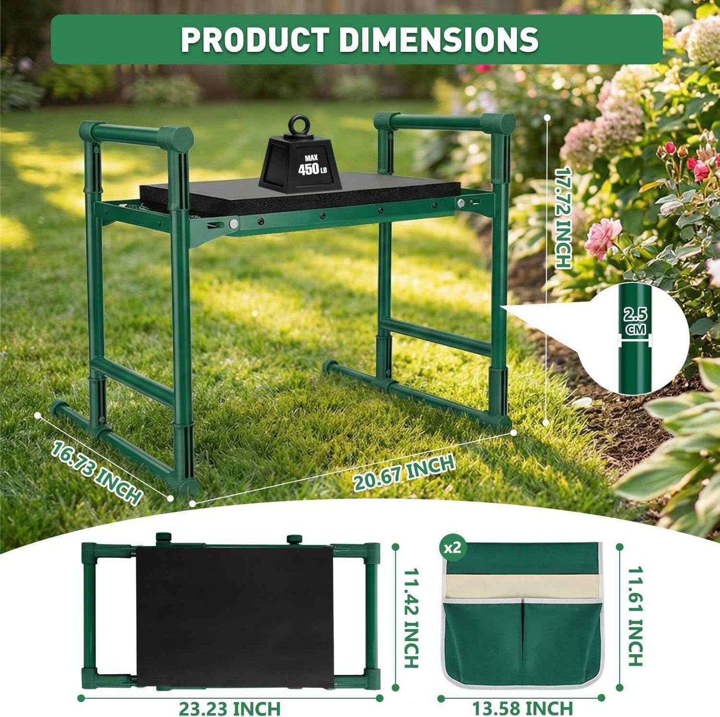 Garden Kneeler and Seat for Seniors – Heavy Duty Anti-Tip Gardening Stool with Widened Thick Soft Kneeling Pad, Foldable Garden Bench with Sturdy Handles, Gardening Gifts for Women Men Mom (Green)