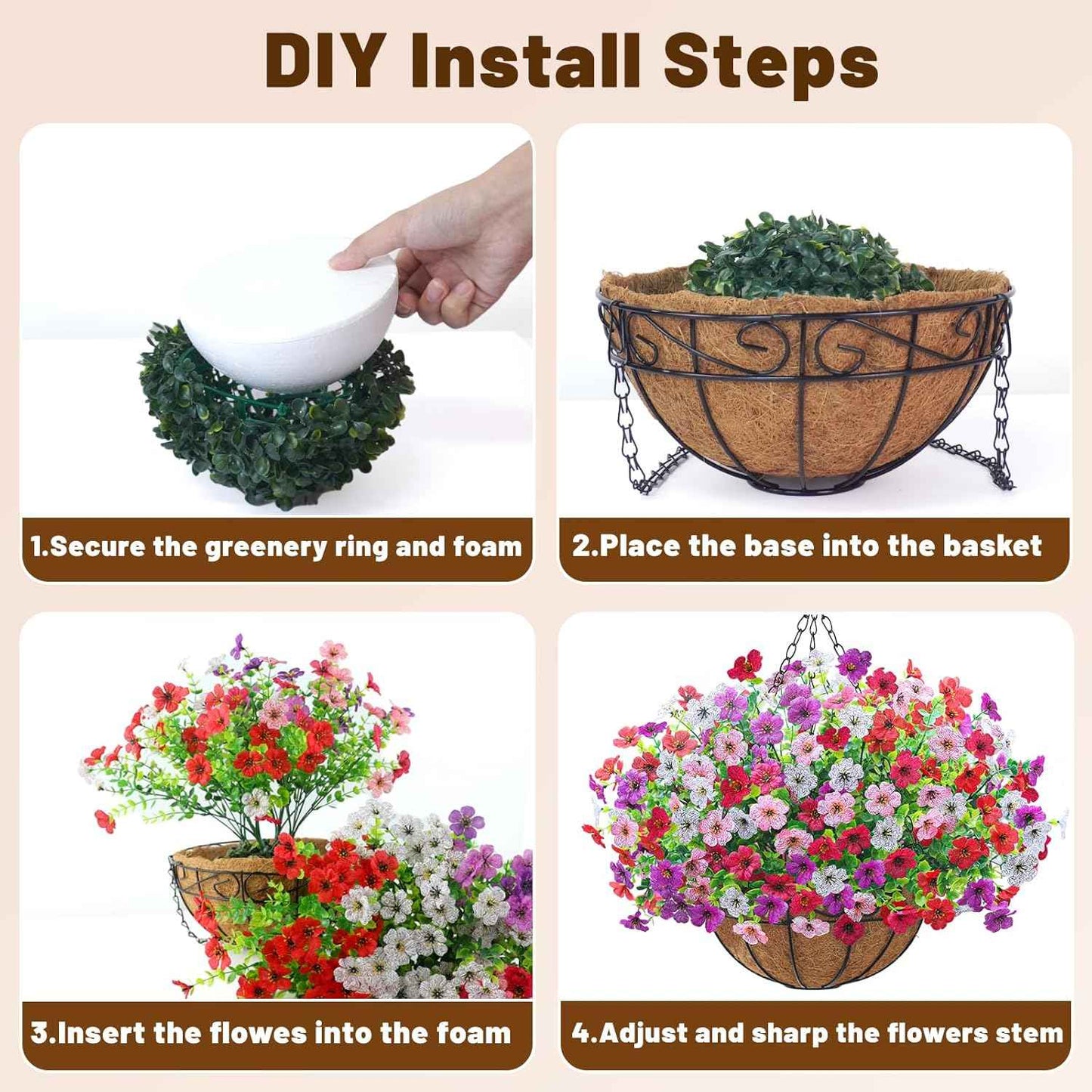 2 Pack Artfiticial Hanging Flowers Baskets for Outdoors, UV Resistant Faux Hanging Plants, 24 Pcs Fake Silk Flowers for Patio Garden Front Porch Balcony Decor (Mix 4 Colors)