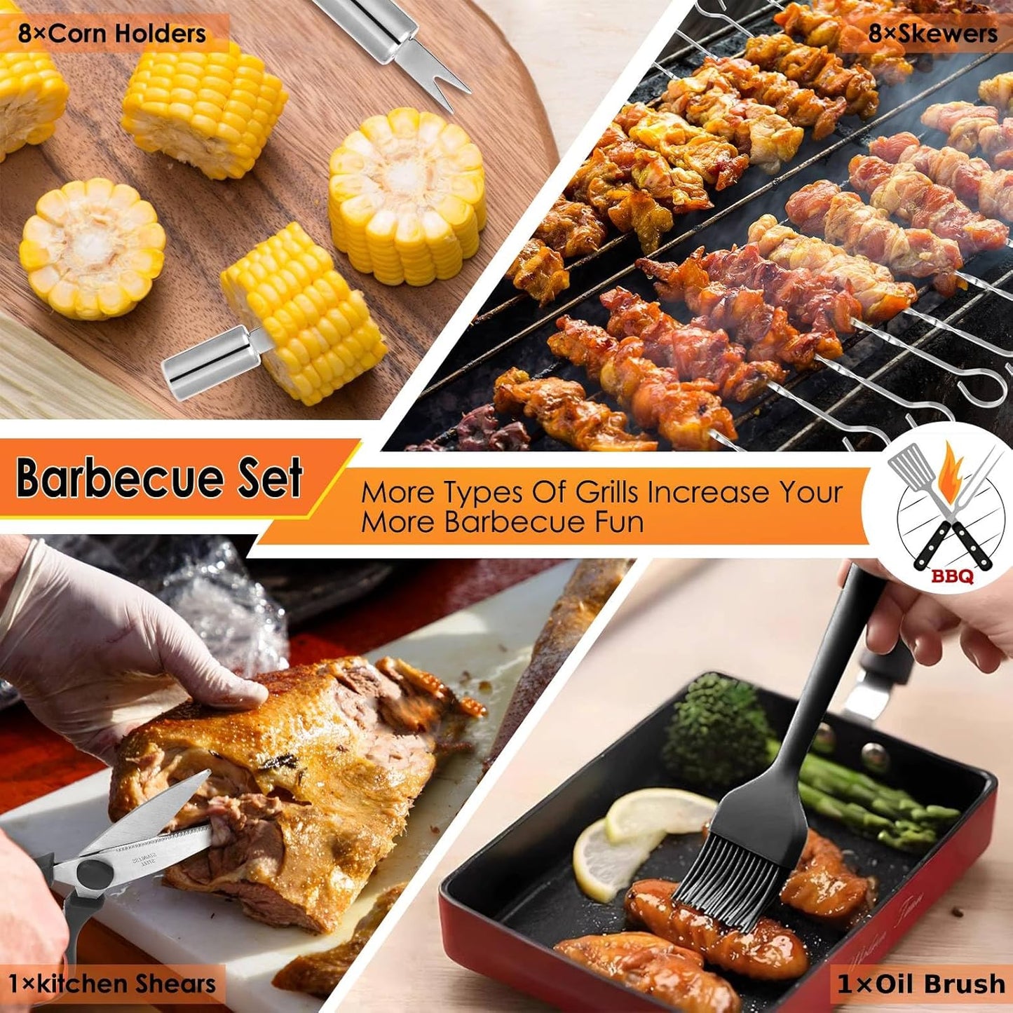 Yoehka BBQ Grilling Accessories Set, 34Pcs Heavy Duty Grill Tools for Outdoor Camping, Grilling Gifts for Men Dad, Stainless Steel Barbecue Utensils Kit with Mats and Glove in Carrying Bag, Silver