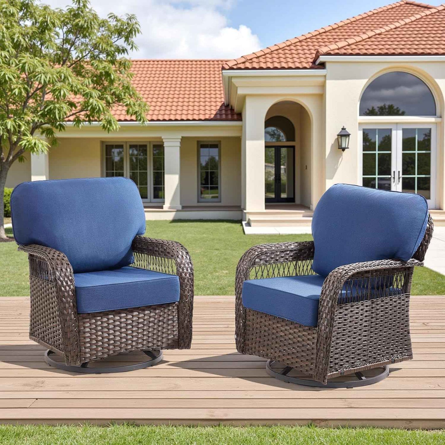Wicker Swivel Rocker Patio Chairs, Patio Wicker Chairs Swivel Rocker Set of 2 All Weather Glider Rocking Chair Outdoor Conversation Furniture Set for Deck Porch Garden Backyard, Blue