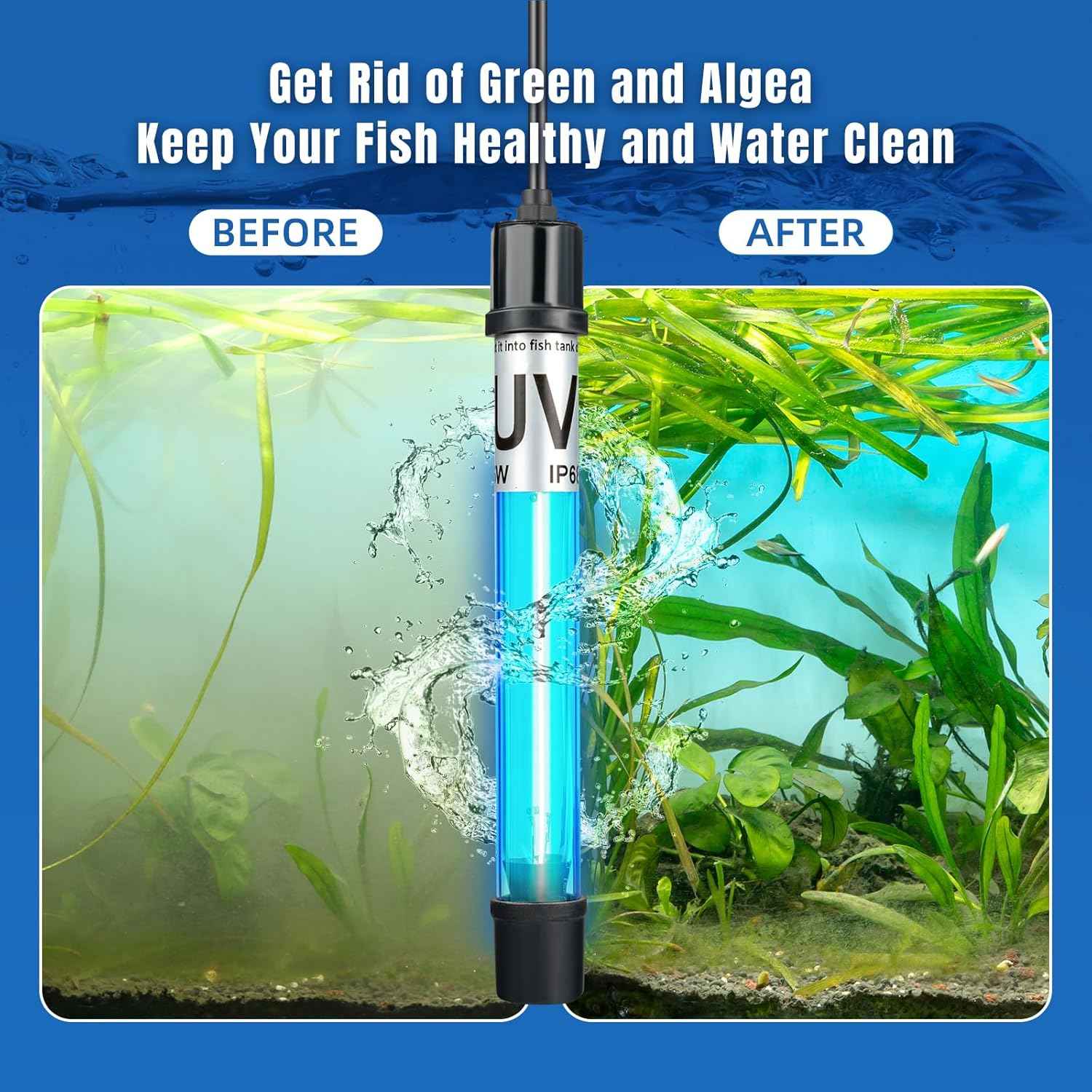 7W Aquarium UV Light for 20-100 Gallon Fish Tank Aquarium Light Algae Clean Light Green Machine Algae Remover