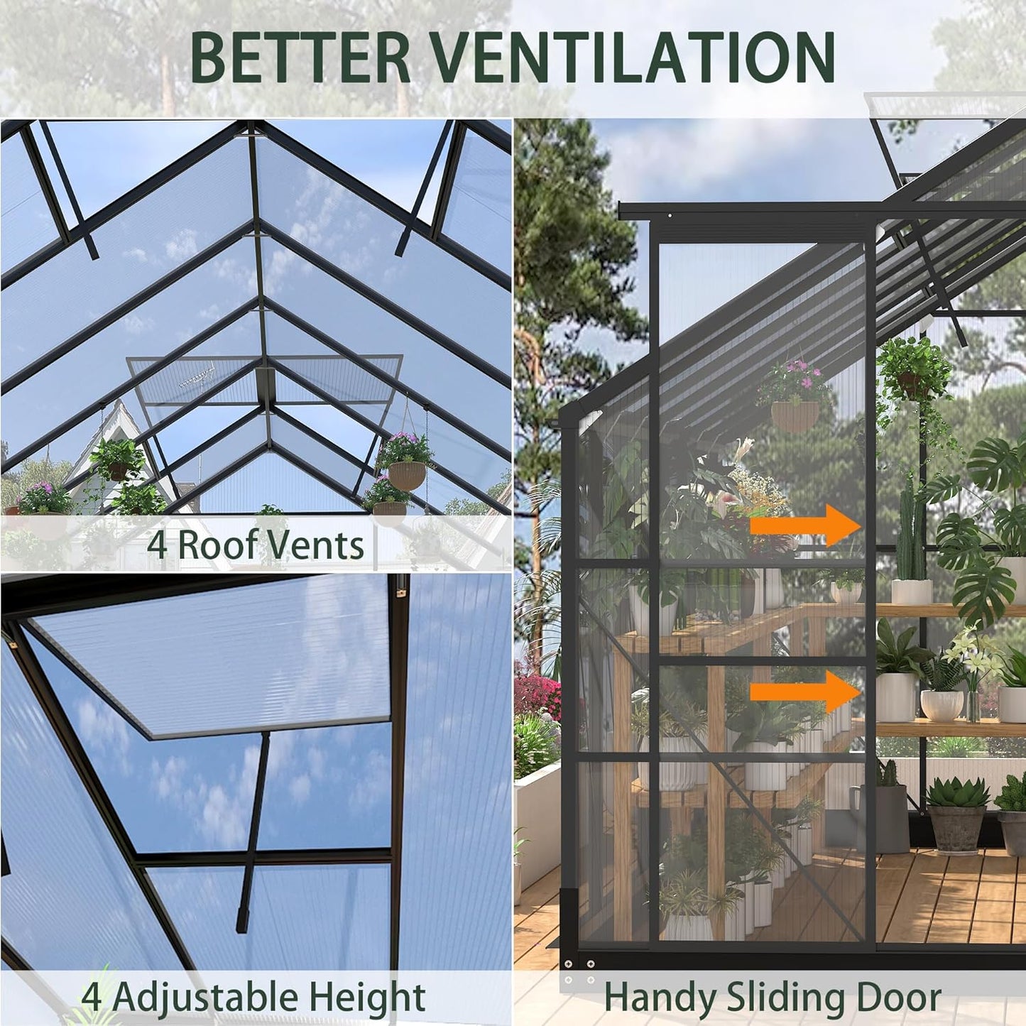Polycarbonate Greenhouses, 8x16 FT Green Houses for Outside with Adjustable Roof Vents, Walk-in Aluminum Frame Greenhouse, Windproof, Garden, Backyard Outdoor (8x16FT)