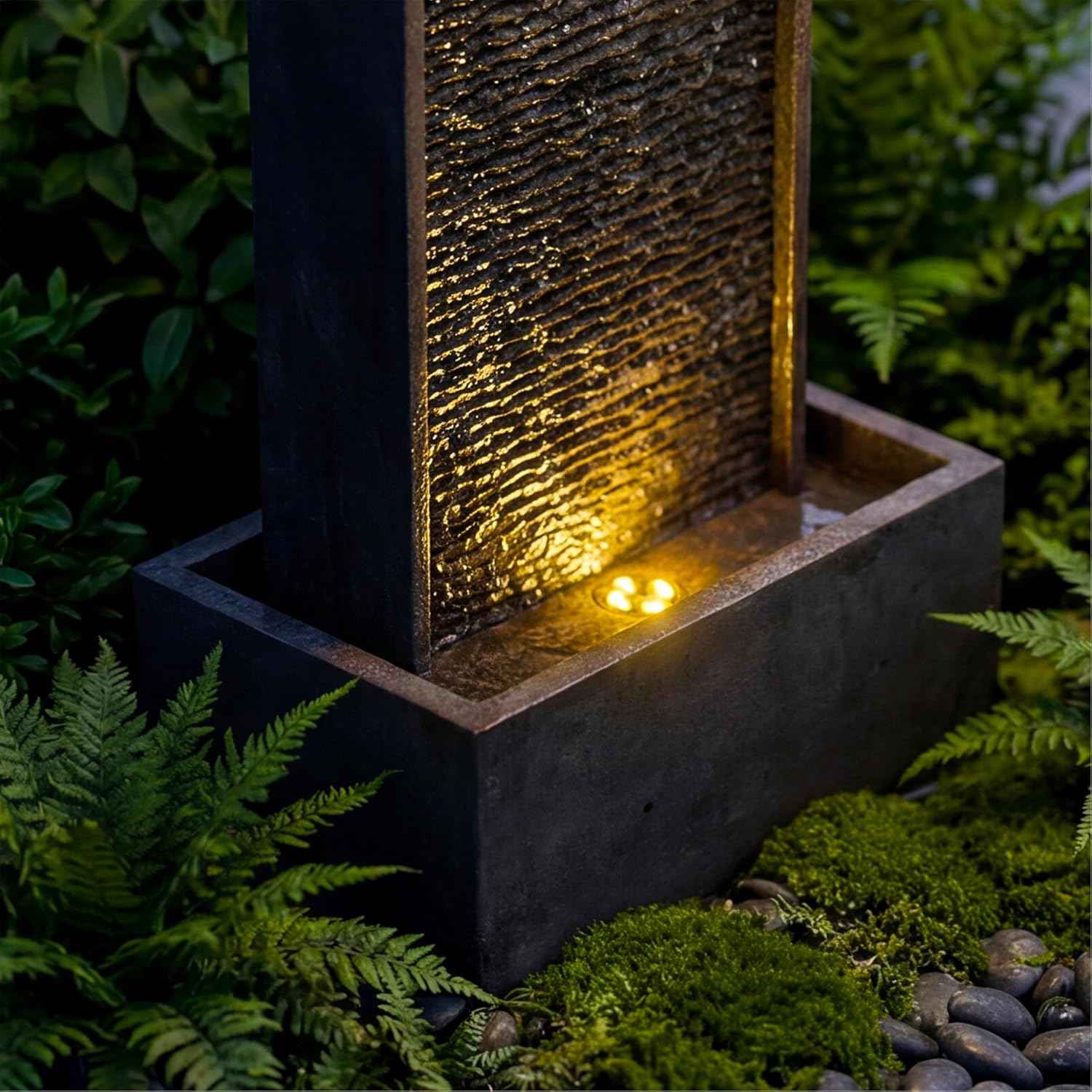 35-Inch Outdoor Water Fountain, Modern Curved Faux Slate Resin Indoor Waterfall Fountain with 2 Warm LED Lights, Home Art Decor for Garden, Patio, Yard, Deck, Porch, Balcony in Black