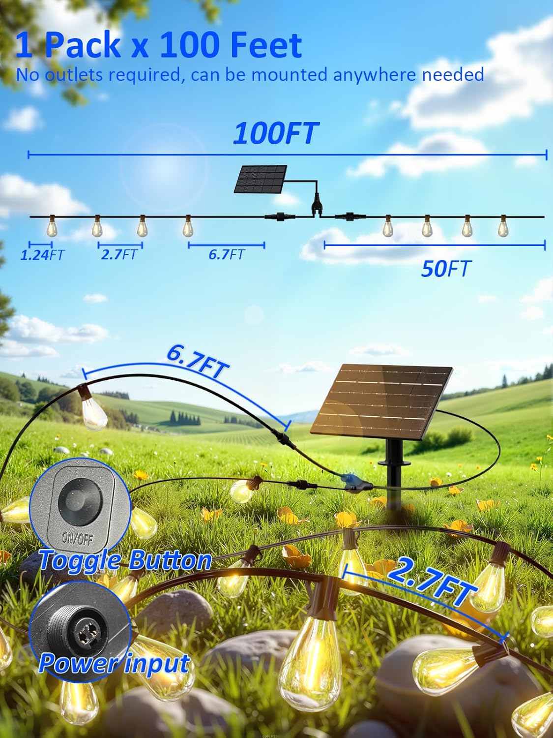 50FT Solar String Lights Outdoor Waterproof 18+1 LED Bulbs 20+Hrs Commercial Grade Shatterproof USB Solar Lights for Camping Backyard Garden Porch Decor (100Ft)