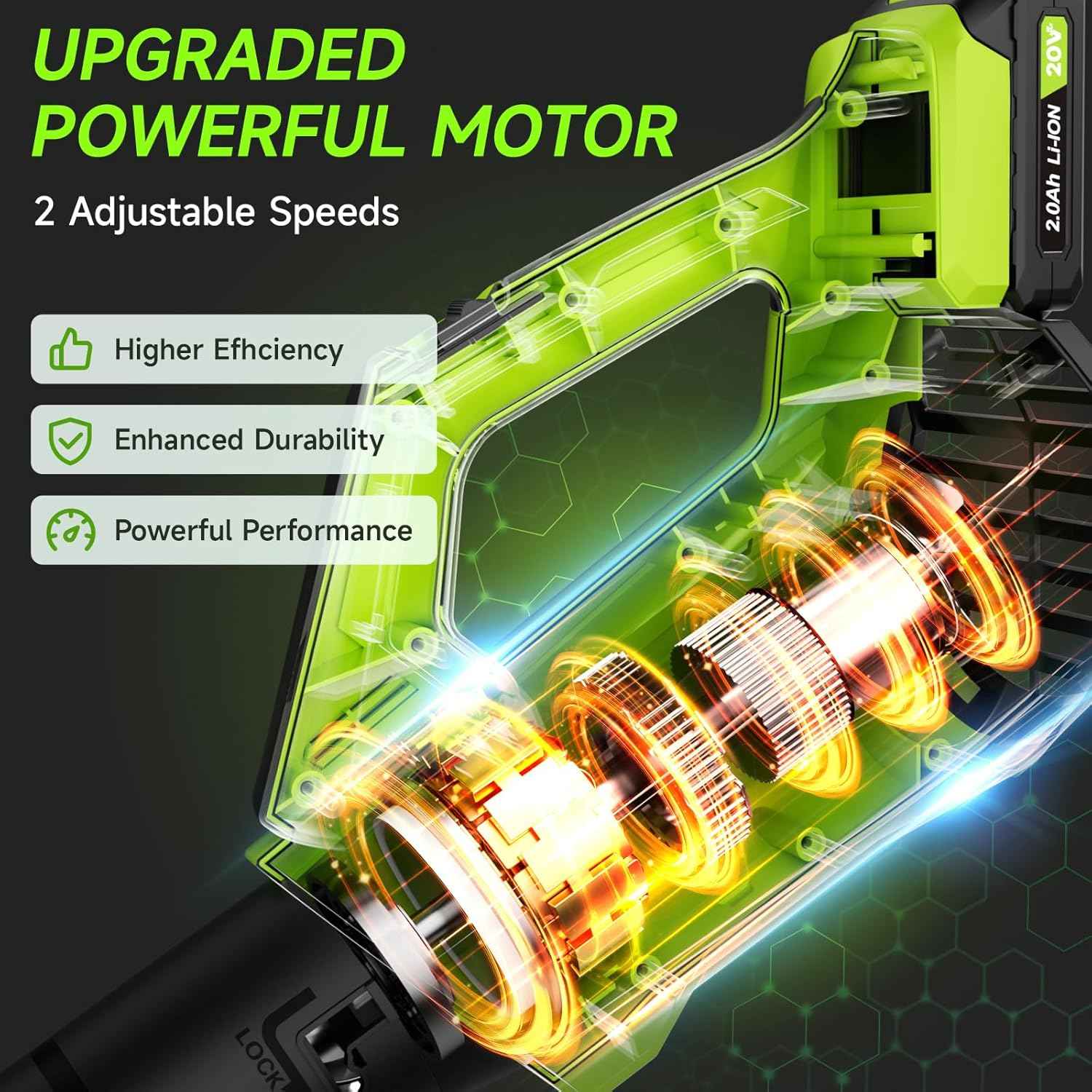 Leaf Blower Cordless, Leaf Blower with Battery and Charger - 2 Speed Modes, 2 Batteries, 20V Powerful Lightweight Electric Blowers for Blowing Leaves, Lawn Care, Patio, Green