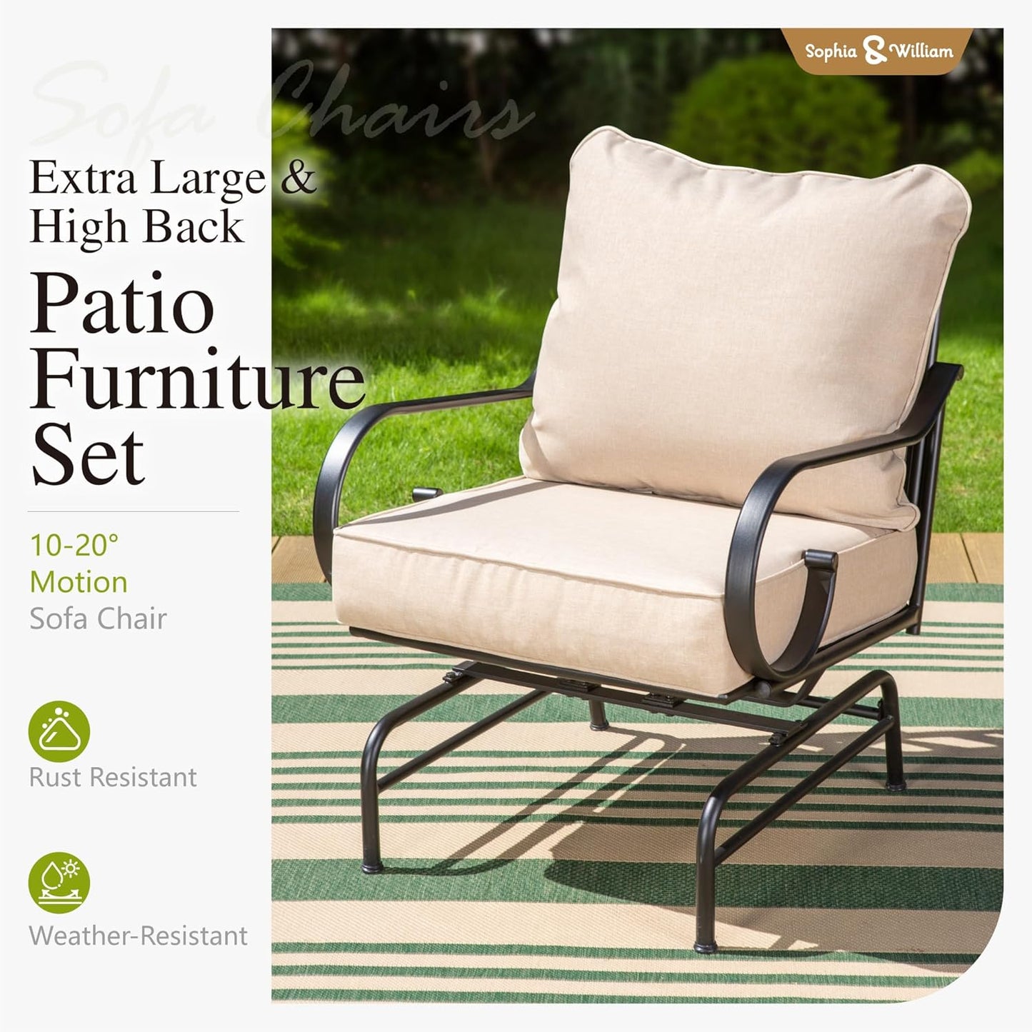 Sophia & William Patio Furniture Set Outdoor Couch Sofa, 6 Piece Outdoor Conversation Sets 7 Seat Clearance with 3-seat Sofa x 1, Rocking Chair x 2, Cushioned Chair x 2, Metal Coffee Table x 1, Beige