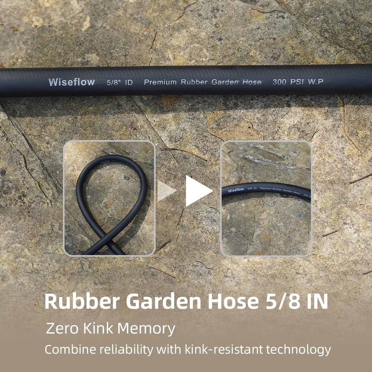 WiseFlow Garden Hose 90FT x 5/8", Heavy Duty Rubber Hose, 1000PSI Burst, 300PSI Working, Water Hose with Five Layered Braiding, Male Female Fittings (Black)