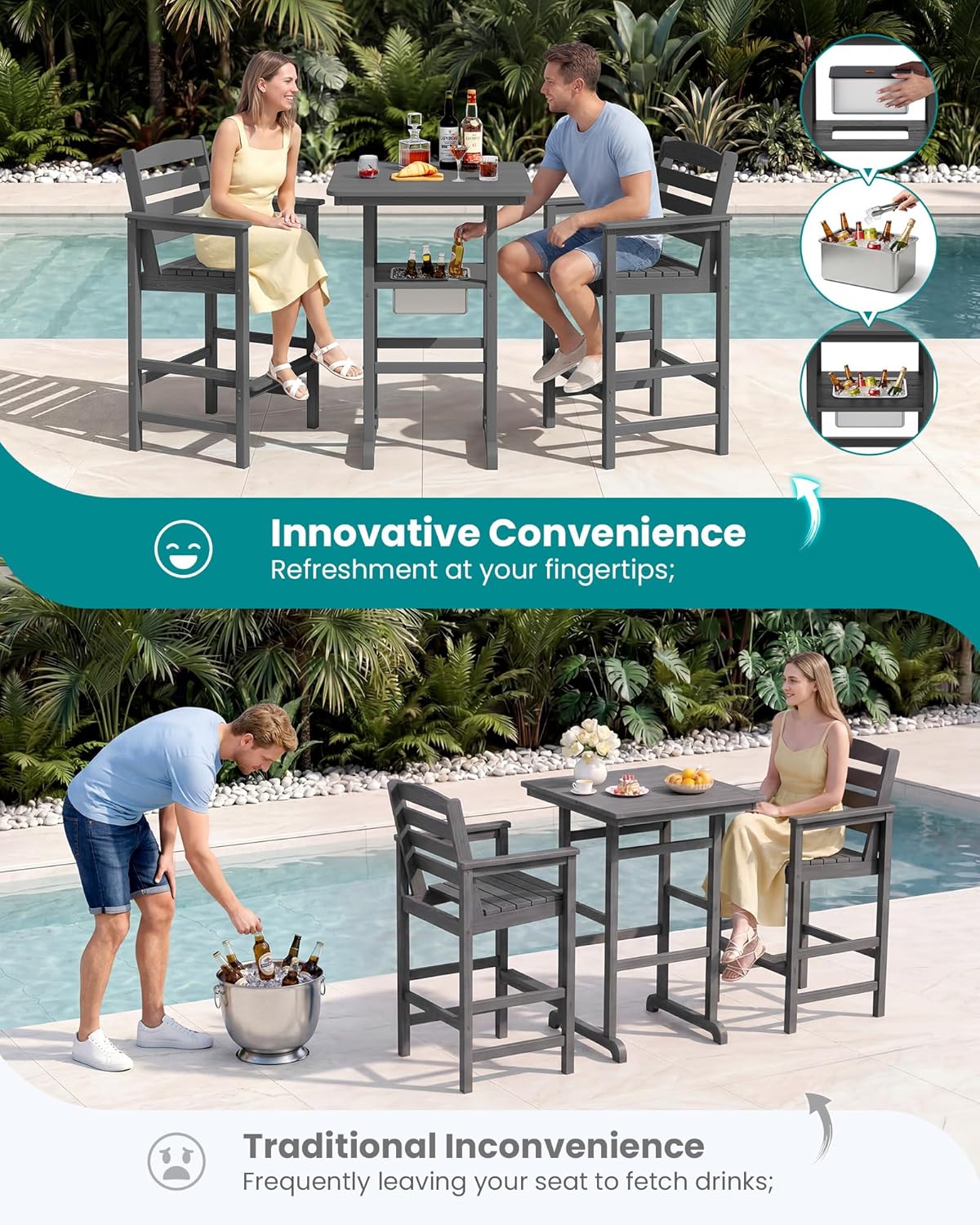 SERWALL Balcony Adirondack Chairs and Table 3 Pieces Set, HDPE Bar Height Chairs Set of 2 and Bar Table with Ice Bucket, Outdoor Bar Stools Set for Bistro, Poolside, Backyard, Grey