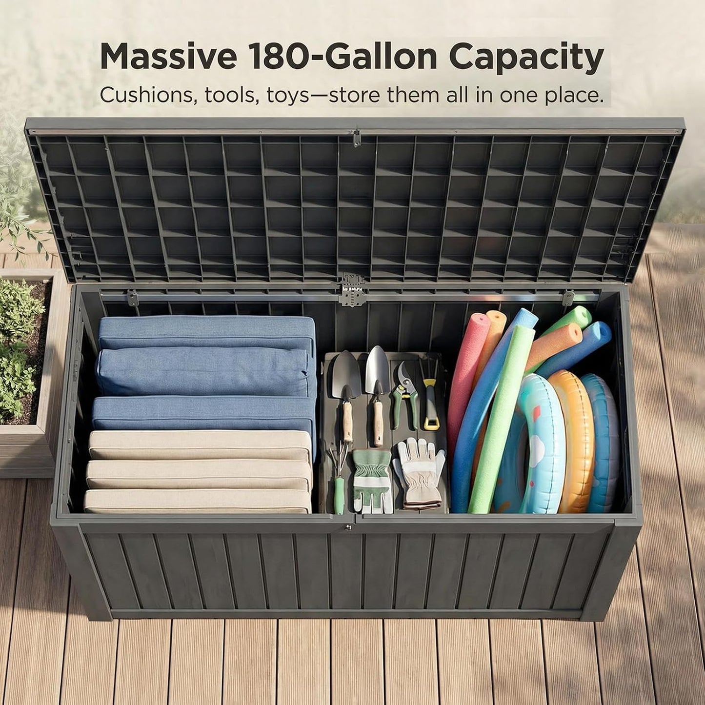 180 Gallon Large Outdoor Storage Box, Resin Deck Box Lockable Waterproof for Patio Furniture Cushions, Garden Tools, UV Resistant Outside Storage Bin, Black