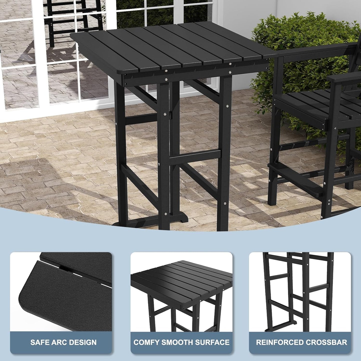 NAVINE 3-Piece Adirondack Bar Table and Chair Set, HDPE All-Weather Bar Height Chairs Set of 2 with Bar Table, Outdoor Patio Bar Set for Bistro, Balcony, Patio, Poolside, Black