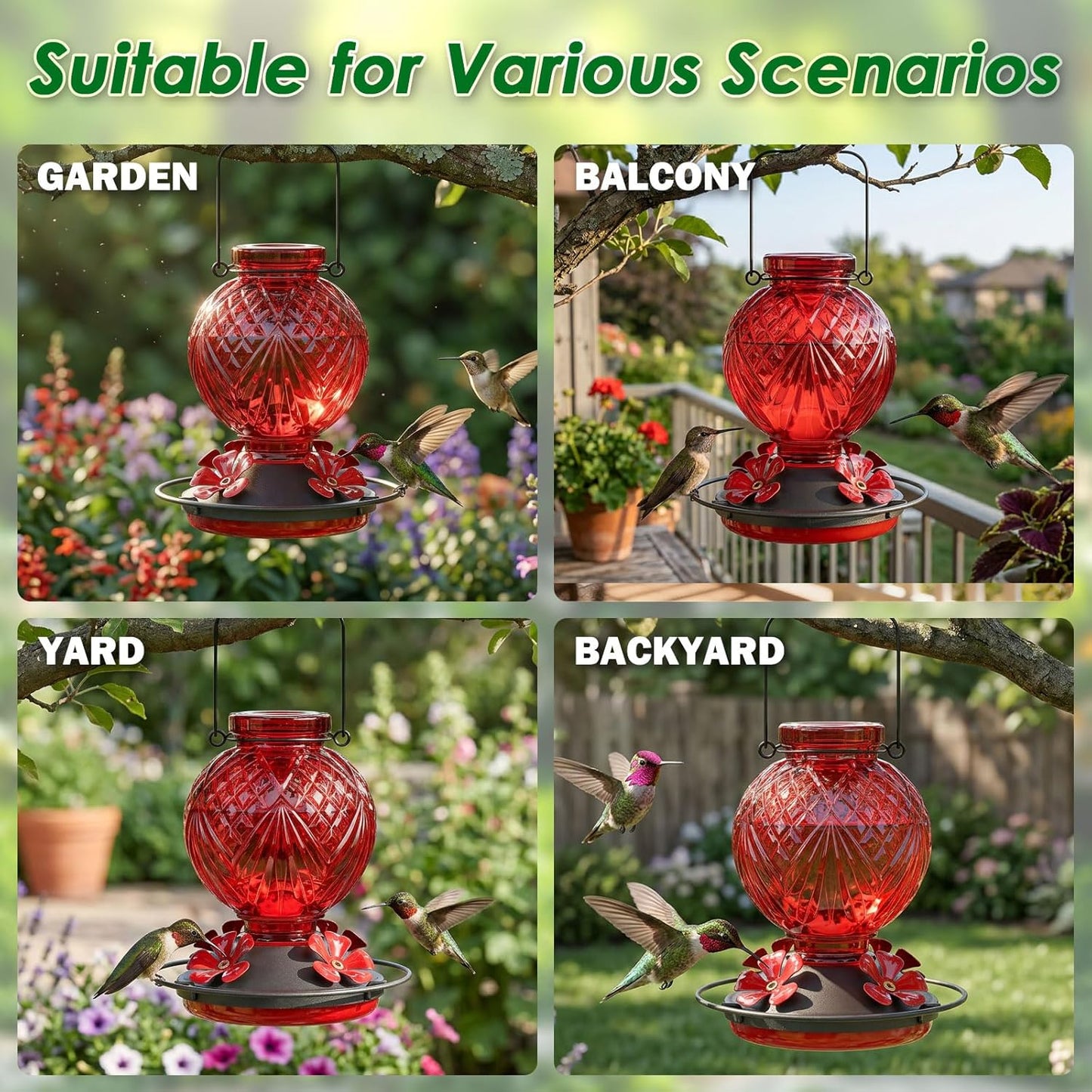 Glass Hummingbird Feeder for Outdoors Hanging, 20oz Bird Nectar Feeder with 4 Bee Guard Flower-Shaped Feeding Ports & Built-in Ant Moat, Easy to Clean, for Bird Lover,1 Pack, Red