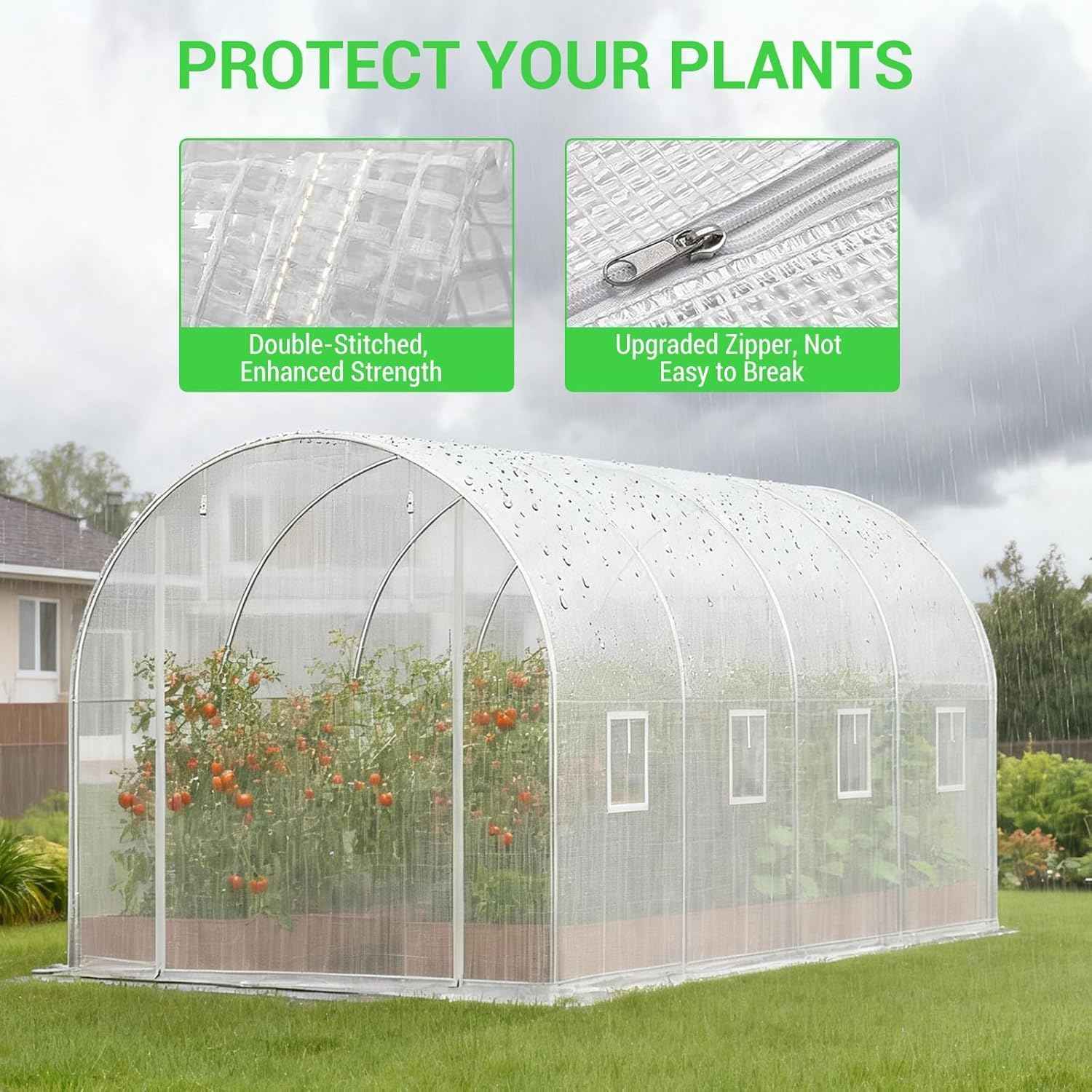 Outdoor Walk-in Tunnel Greenhouse, 15x7x7 ft Large Hoop Garden Plant Hot House with Roll-Up Zipper Door, 8 Screen Mesh Windows, Galvanized Steel Frame & White PE Cover for Backyard Plants Shed