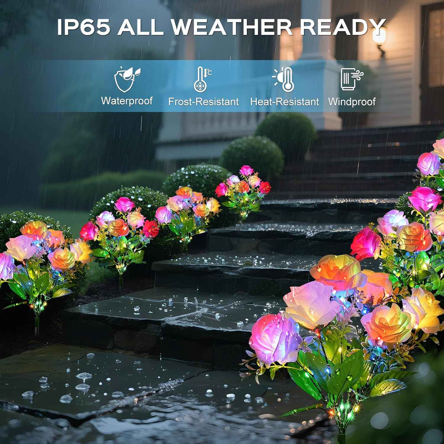 TANSOREN 4 Pack Solar Garden Lights Outdoor, Rose Flowers Colorful LED Waterproof Solar Powered Landscape Lights for Patio, Outside Yard, Pathway Decorative, Décor, Gifts, Two Lighting Modes