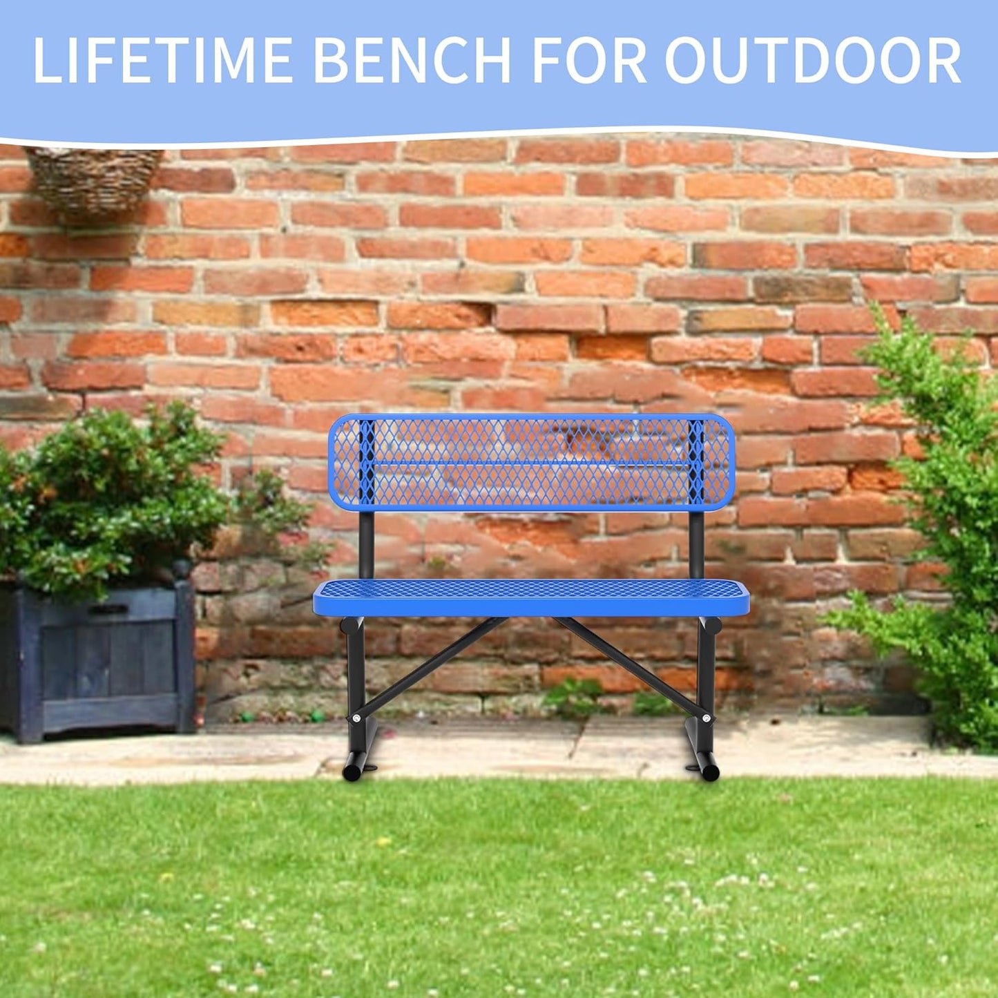 4 Feet Heavy Duty Metal Park Bench for Outside, Outdoor Bench with Backrest & Portable Frame, Commercial Benches for Shopping Malls, Stores, Parks, Patios, Decks, Blue