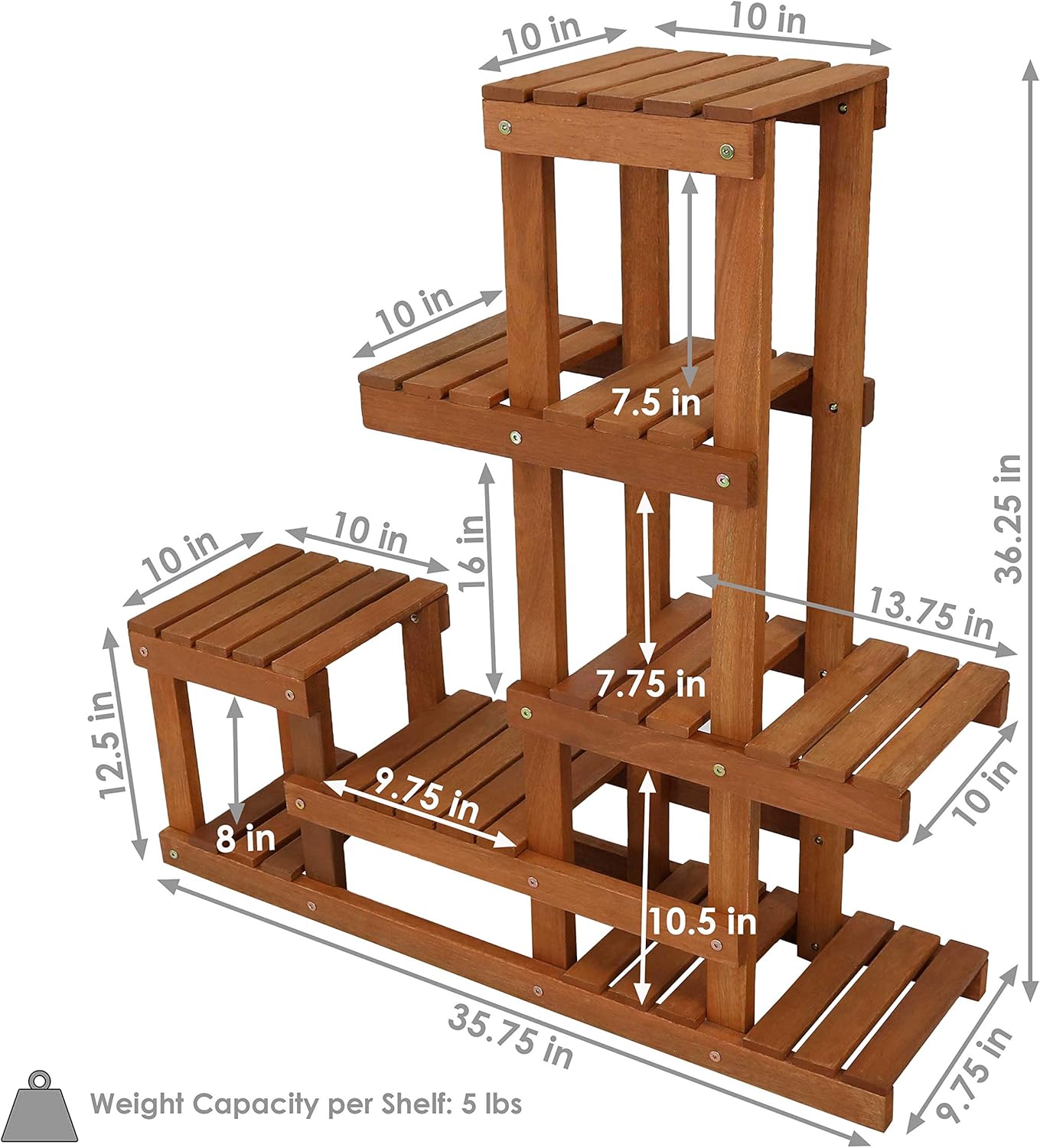 Sunnydaze 36-Inch Meranti Wood Indoor/Outdoor Multi-Tiered Plant Stand with Teak Oil Finish