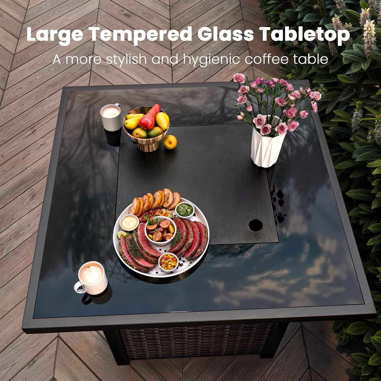 Propane Outdoor Fire Pit Table, 28" Rattan Square Fire Pit Table, Outdoor Gas FirePit W/Glass Wind Guard, Tempered Glass Tabletop, Lid, CSA Listed, 50,000 BTU, Outside Patio Deck & Garden, Brown