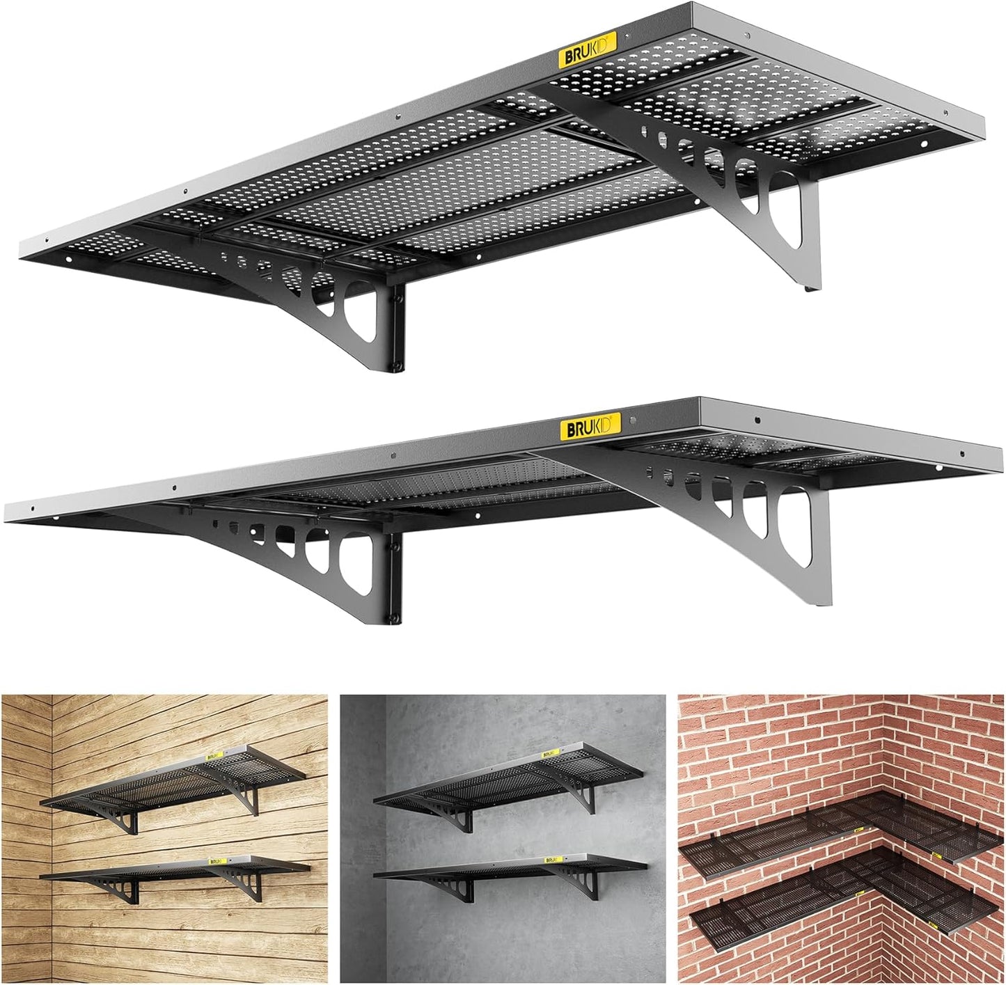 2Pack 1.64x4ft Adjustable Metal Garage Wall Shelving Heavy Duty Garage Storage Shelf Wall Mounted Black