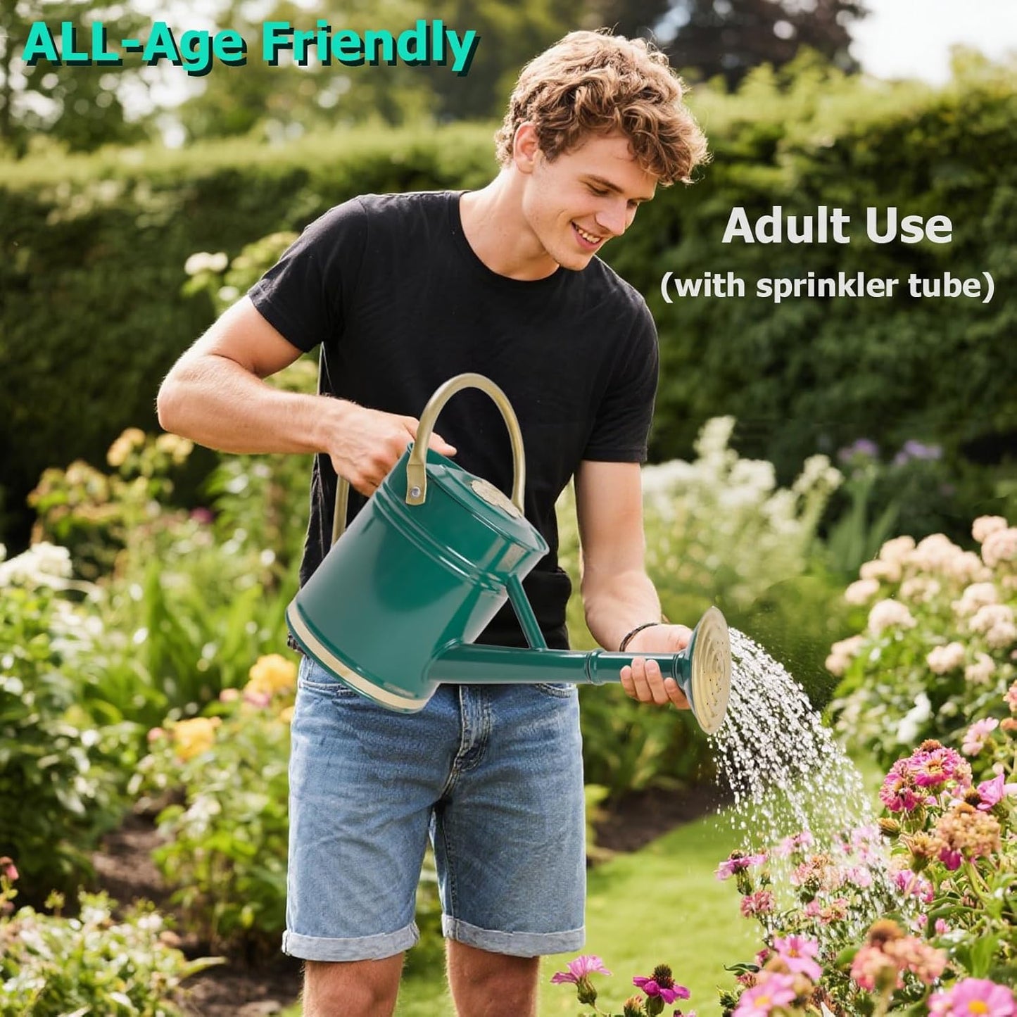 1 Gallon Green Metal Watering Can with Solid Brass Details, Removable Watering Rose, Decorative Garden Can for Indoor Plants, Patio and Greenhouse