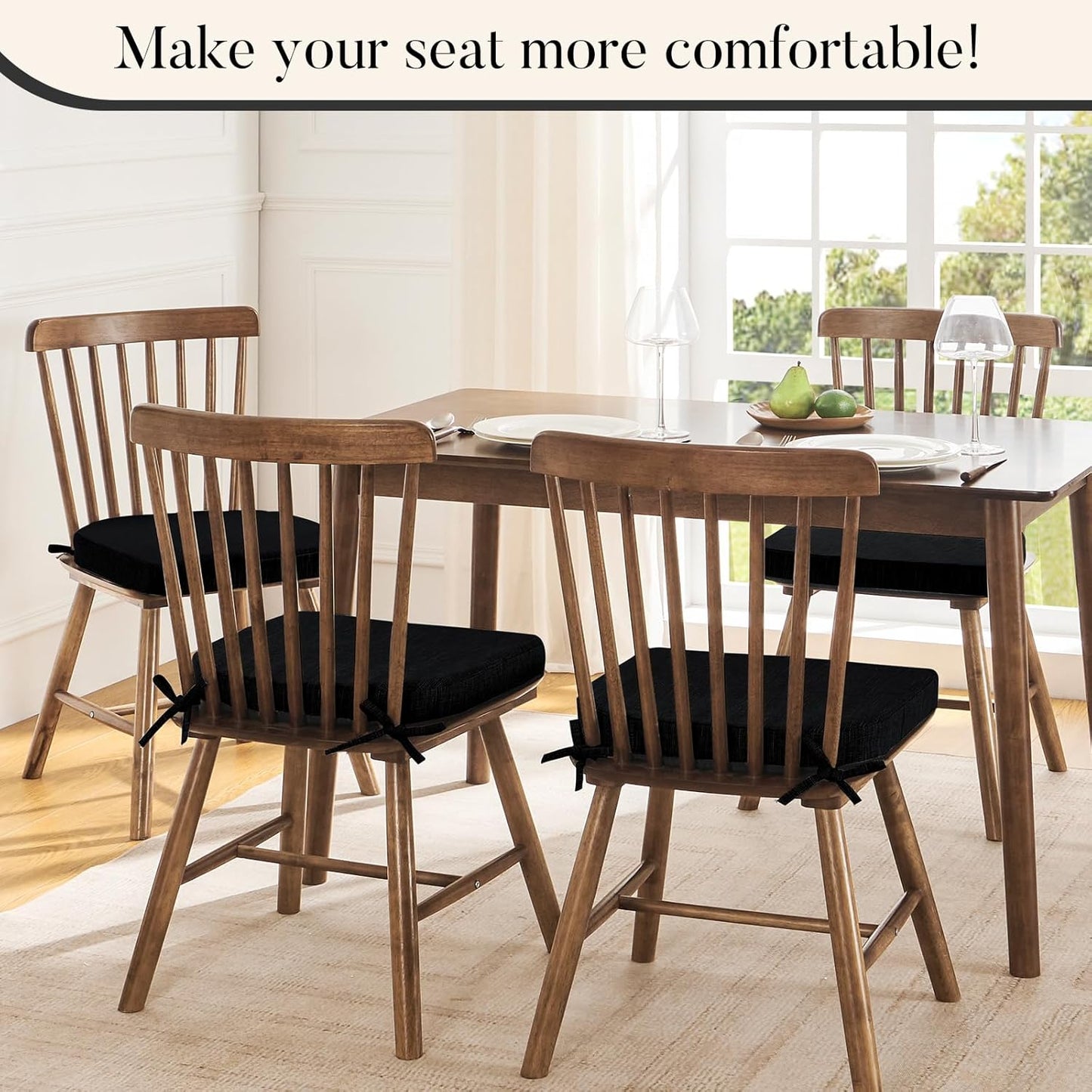 Basic Beyond Chair Cushions for Dining Chairs 6 Pack, Kitchen Chair Cushions with Ties and Non Slip Backing, 16 x 16 inches Chair Pads for Dining Chairs (Black)