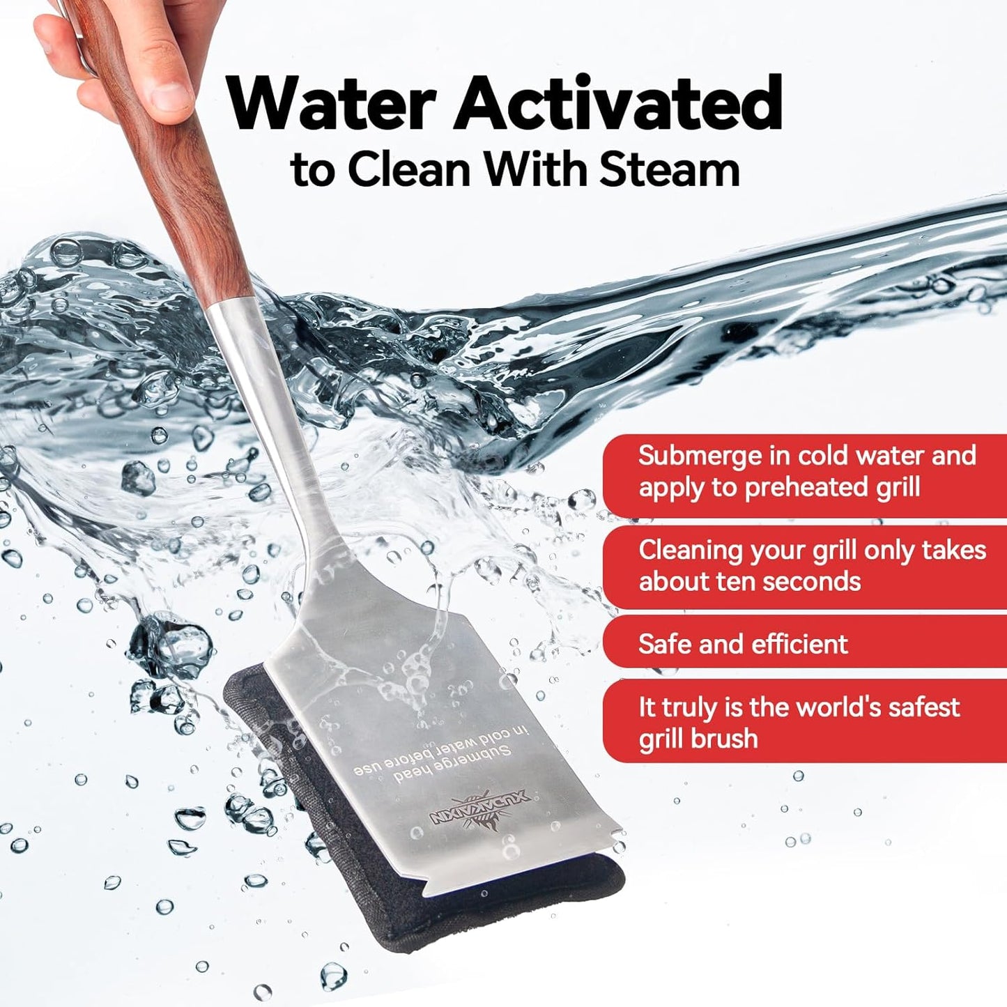 Bristle-Free Steam Cleaning Grill Brush,with Extended Luxurious Rosewood Handle and 1 Replacement Head,BBQ Grill Cleaning Brush Kit,Safe Grill Cleaner for Outdoor Grill,Gifts for Men/Dad