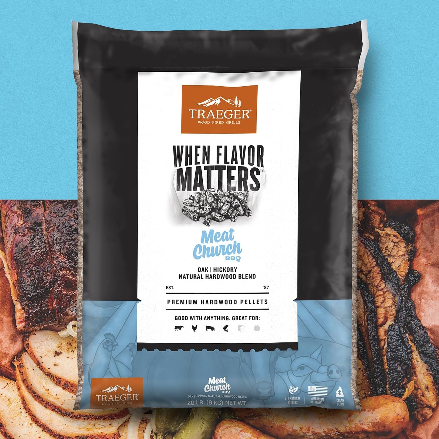 Traeger Grills Meat Church Blend 100% All-Natural Wood Pellets for Smokers and Pellet Grills, BBQ, Bake, Roast, 18 lb. Bag