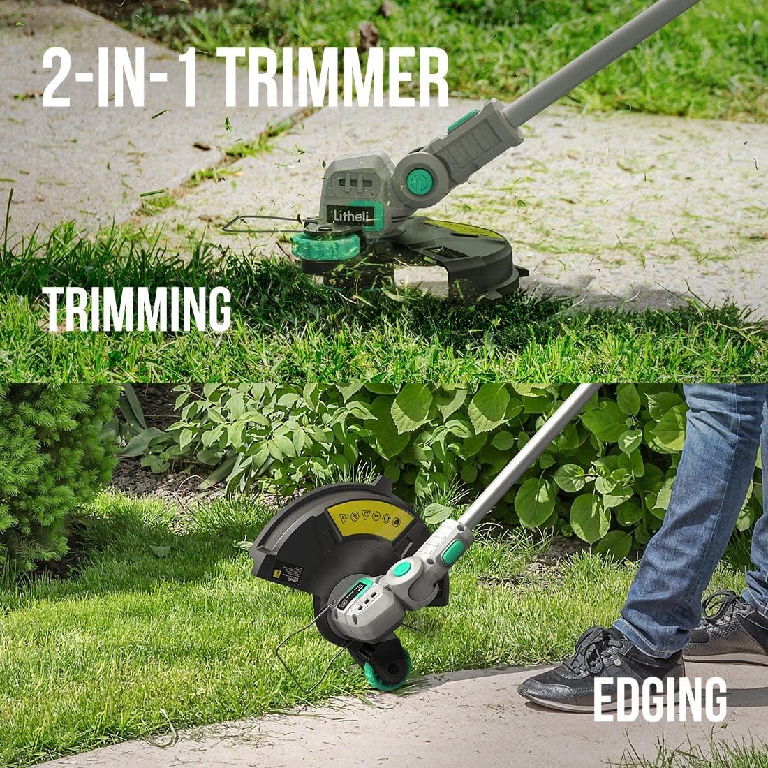 Litheli 20V 12" Cordless String Trimmer/Wheeled Edger, Battery Powered Weed Wacker with Auto Line Feed for Lawn Trimming/Edging, with 2.0Ah Battery and Charger Included