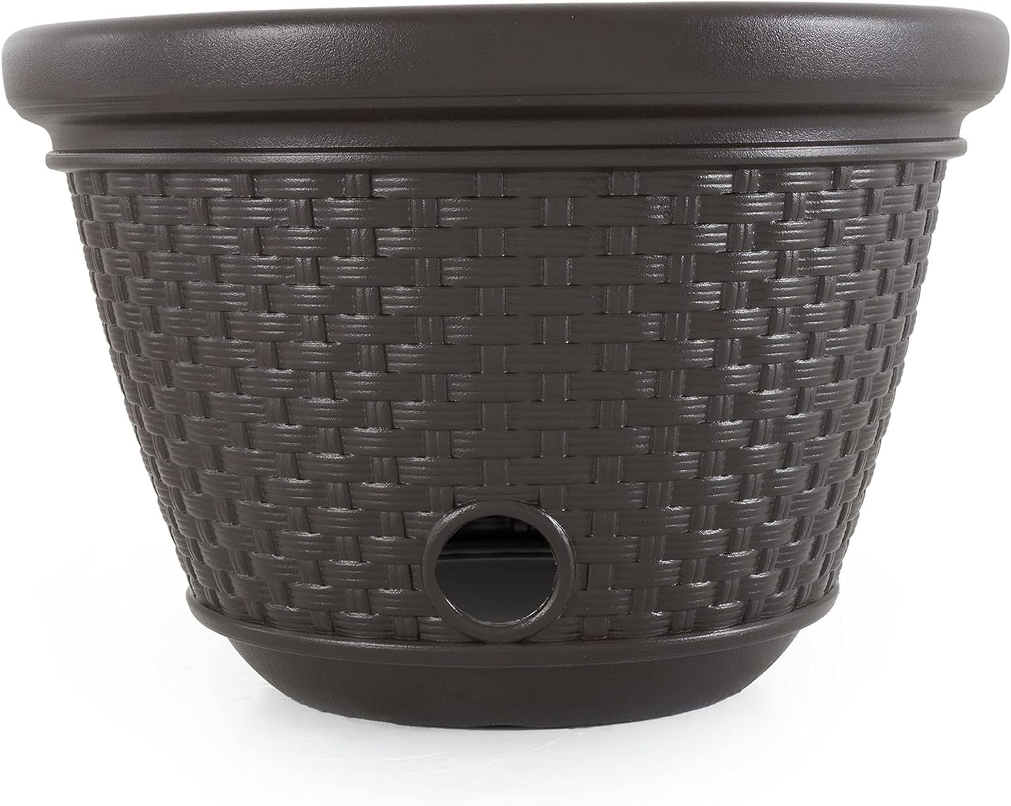 Suncast Decorative Wicker Garden Hose Holder Pot with 4 Drain Holes for 100 Foot Hoses, Java