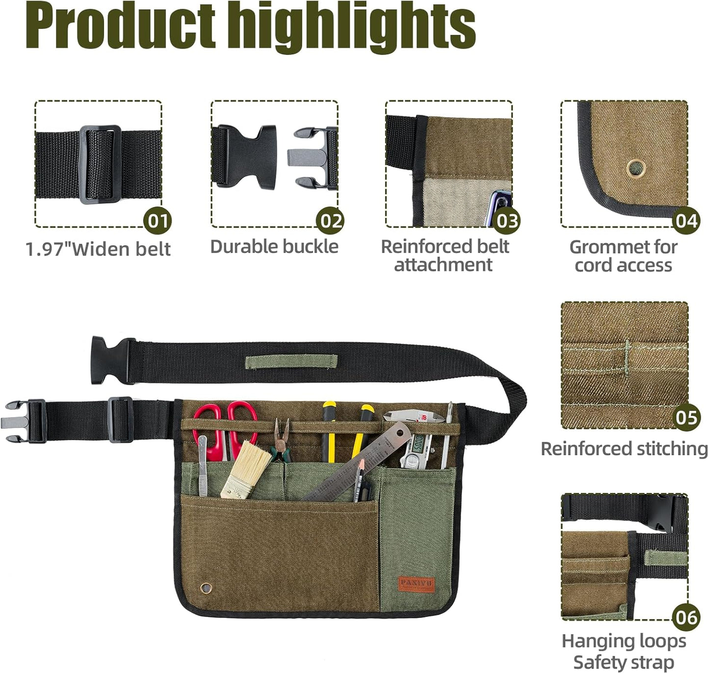 Garden Tool Belt for Men & Women, Denim Wide Adjustable 5-Pocket Waist Garden Apron - Heavy Duty Tool Pouch for Gardening, DIY, Carpenter, Woodworking, Painting, Seamstress, and Crafts (Green)