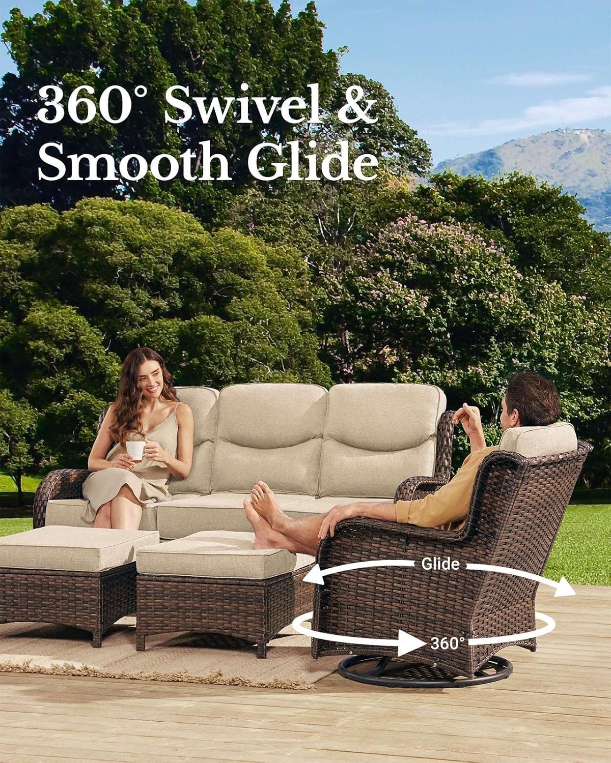 HILLGA Luxury Patio Furniture Set with 6-Inch Thick Cushions, High Back Outdoor Swivel Rocker Chairs and Patio Couch, 11-Piece All Weather Conversation Set for Porch Deck Pool Yard, Beige (V3)
