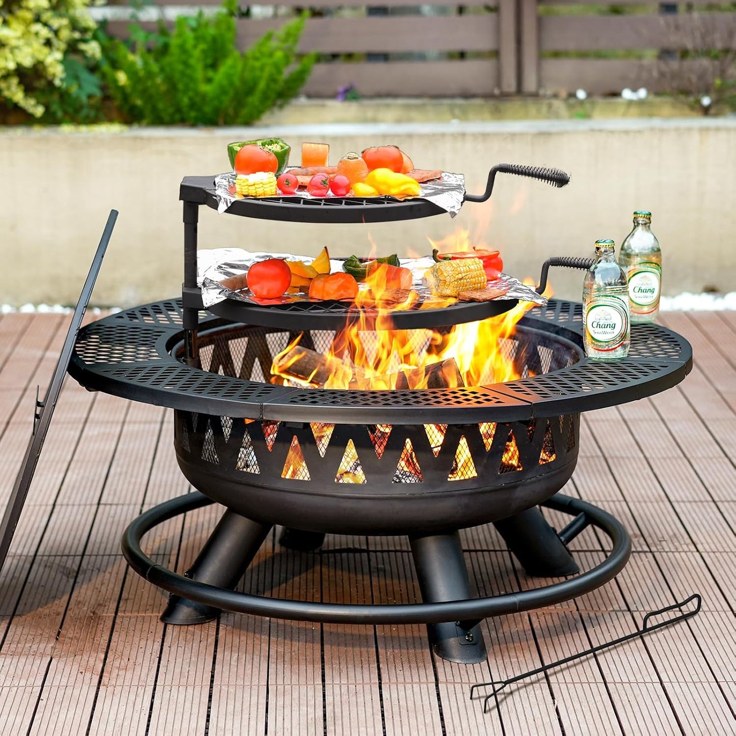 36 Inch Fire Pit with 2 Grills, Large Outdoor Firepits for Outside, Wood Burning Fireplace for Camping,Picnic,Bonfire, 3-in-1 Round Metal Table with Lid for Backyard,Patio,Party