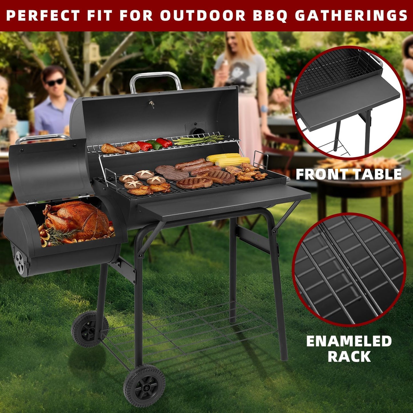 Charcoal Grill with Offset Smoker,BBQ Grills with Side Table,Outdoor Cooking with 535 Square Inches,Backyard Camping Picnics, Patio and Parties, Black by DNKMOR