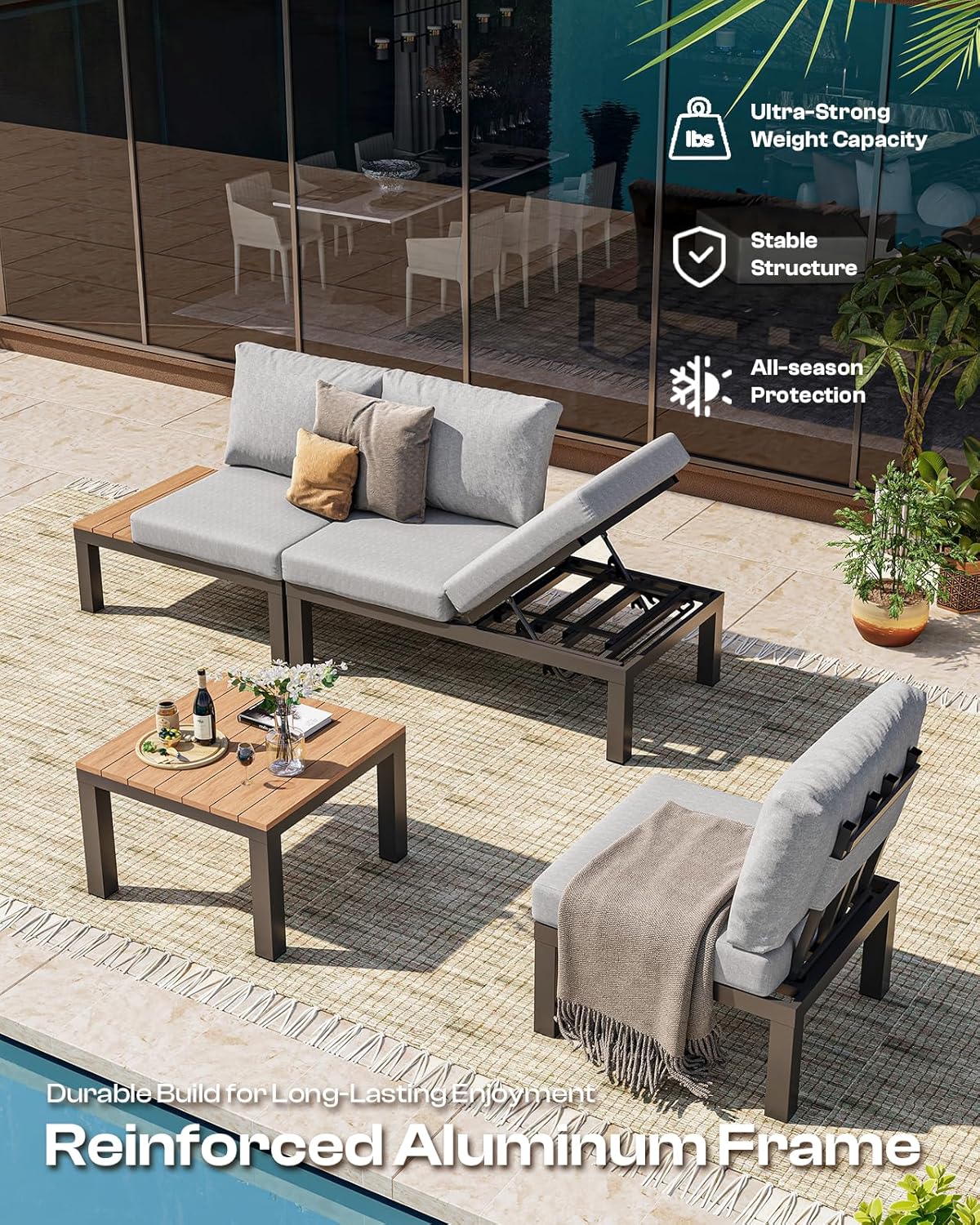 Aluminum Modular Outdoor Patio Furniture Set, 6 Seats Patio Sectional Sofa Set with Adjustable Backrest & Thick Cushions, All-Weather Conversation Sets with Table for Garden & Yard, Gray