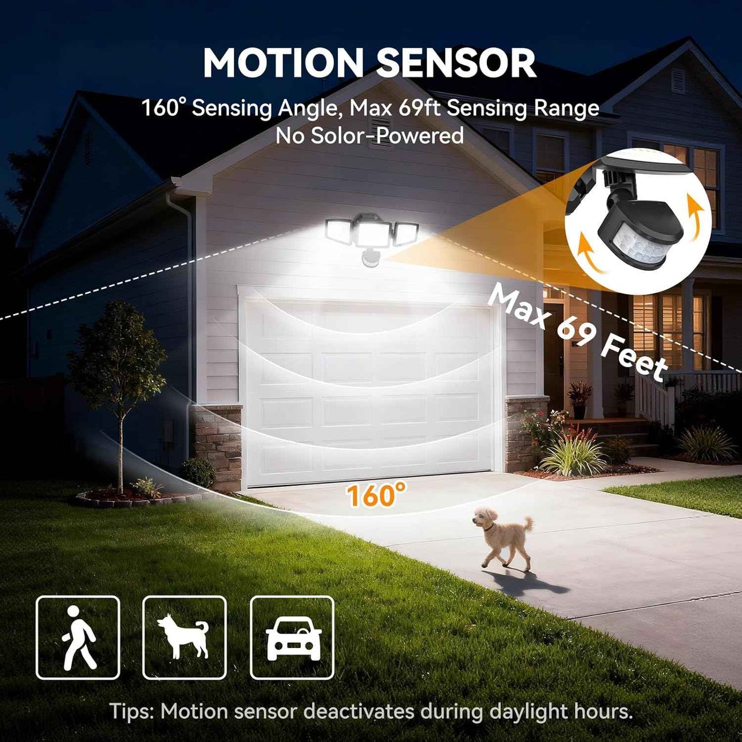 LED Security Lights Motion Sensor Light Outdoor, 7000LM, 6500K, Waterproof, Flood Light Outdoor Motion Detector with Adjustable 3 Head, Hardwired Wall Light for Entryway, Yard, Garage