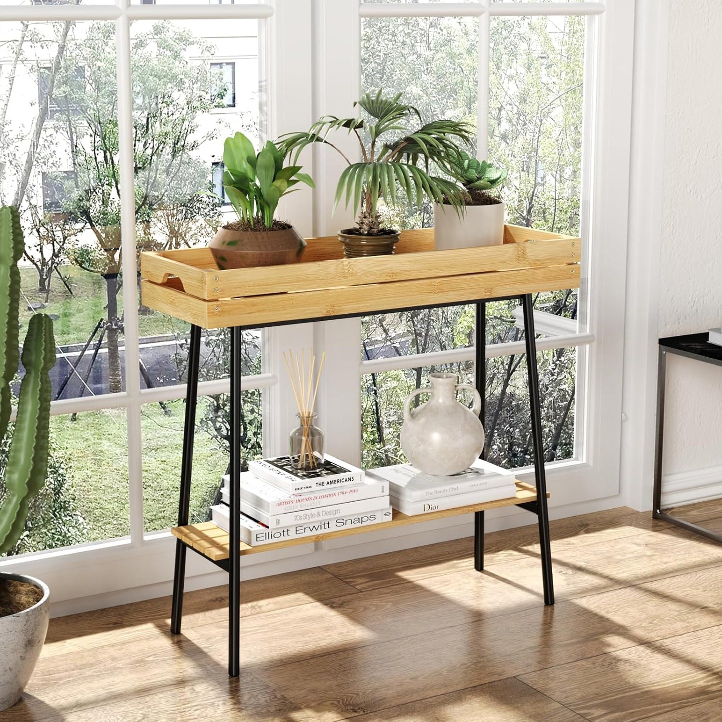 BAMBANG Bamboo Plant Stand Indoor, 2 Tier Wood Small Plant Table, Tall Plant Stand for Indoor Plants, Window Sill Plant Shelf, Flower Pot Holder Plant Bench Plant Rack for Living Room Balcony Outdoor
