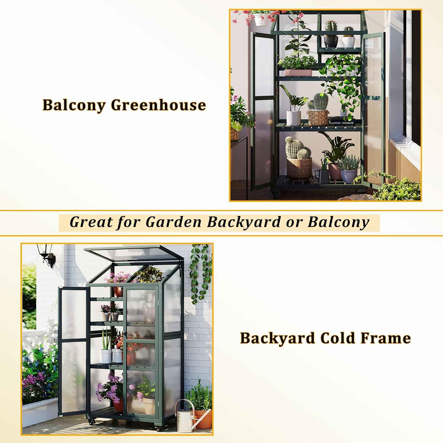 62‘’Wooden Greenhouse, Cold Frame Portable Greenhouse with Wheels and Adjustable Shelves for Indoor Outdoor Patio Balcony Garden, 31.5" Lx22.4 Wx62 H, Green