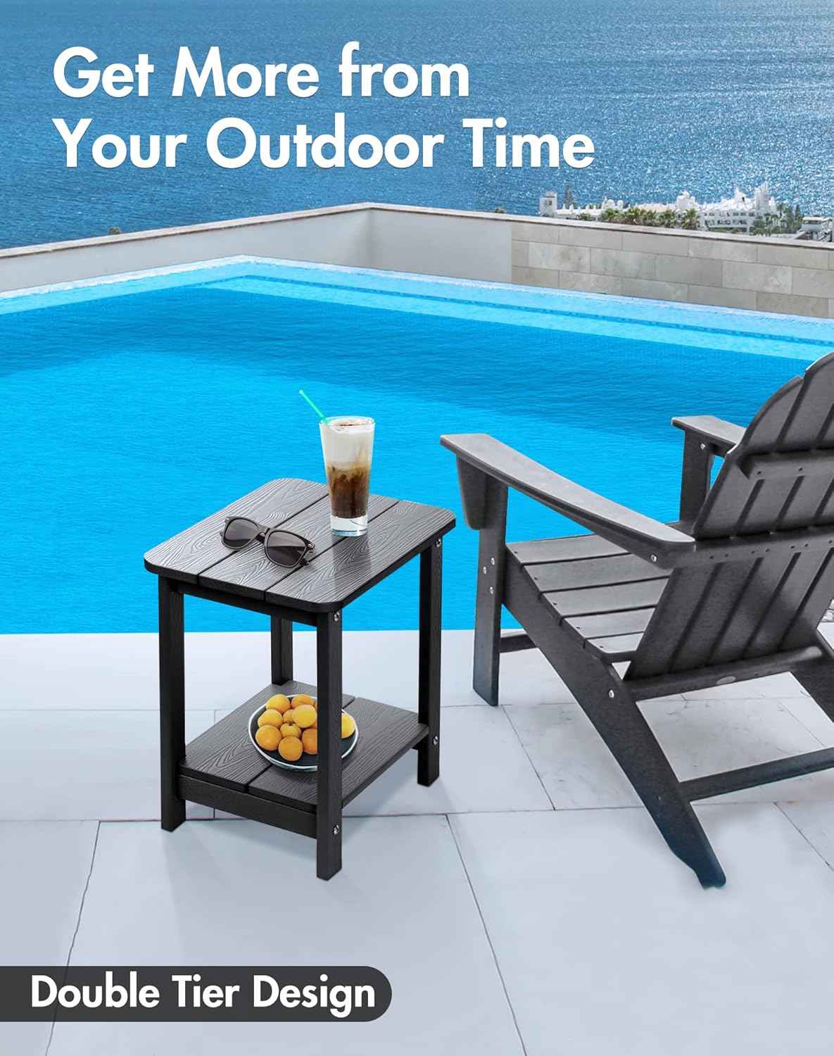 Tikea, Black Adirondack Outdoor Side Table, 16.7'' x 12.6'' x 16.7'', Weather Resistant, Double End Table for Patio, Garden, Lawn