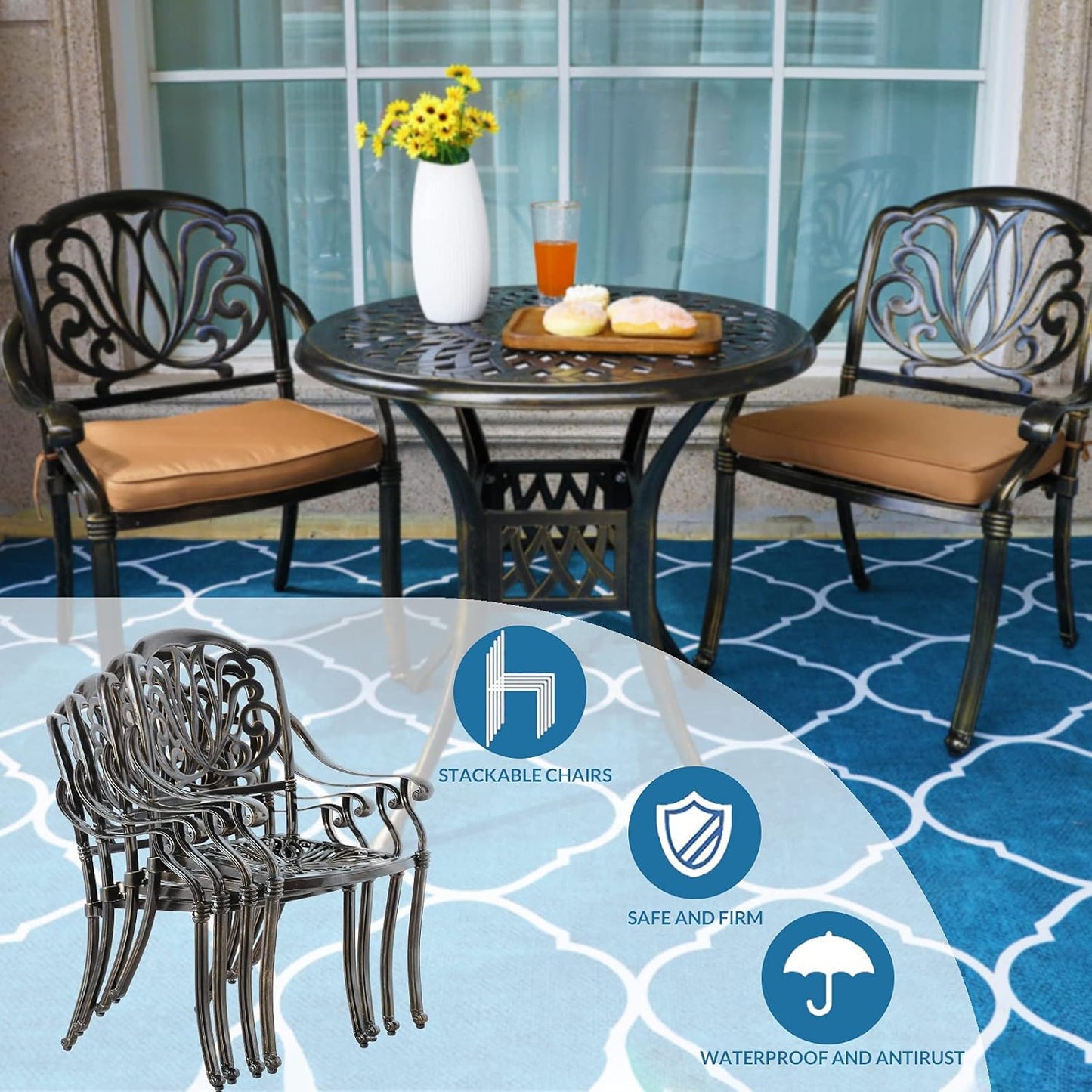 MEETWARM 3 Piece Patio Bistro Set, Outdoor All-Weather Cast Aluminum Dining Furniture Set Includes 2 Cushioned Chairs and a 31” Round Table with Umbrella Hole for Garden Deck