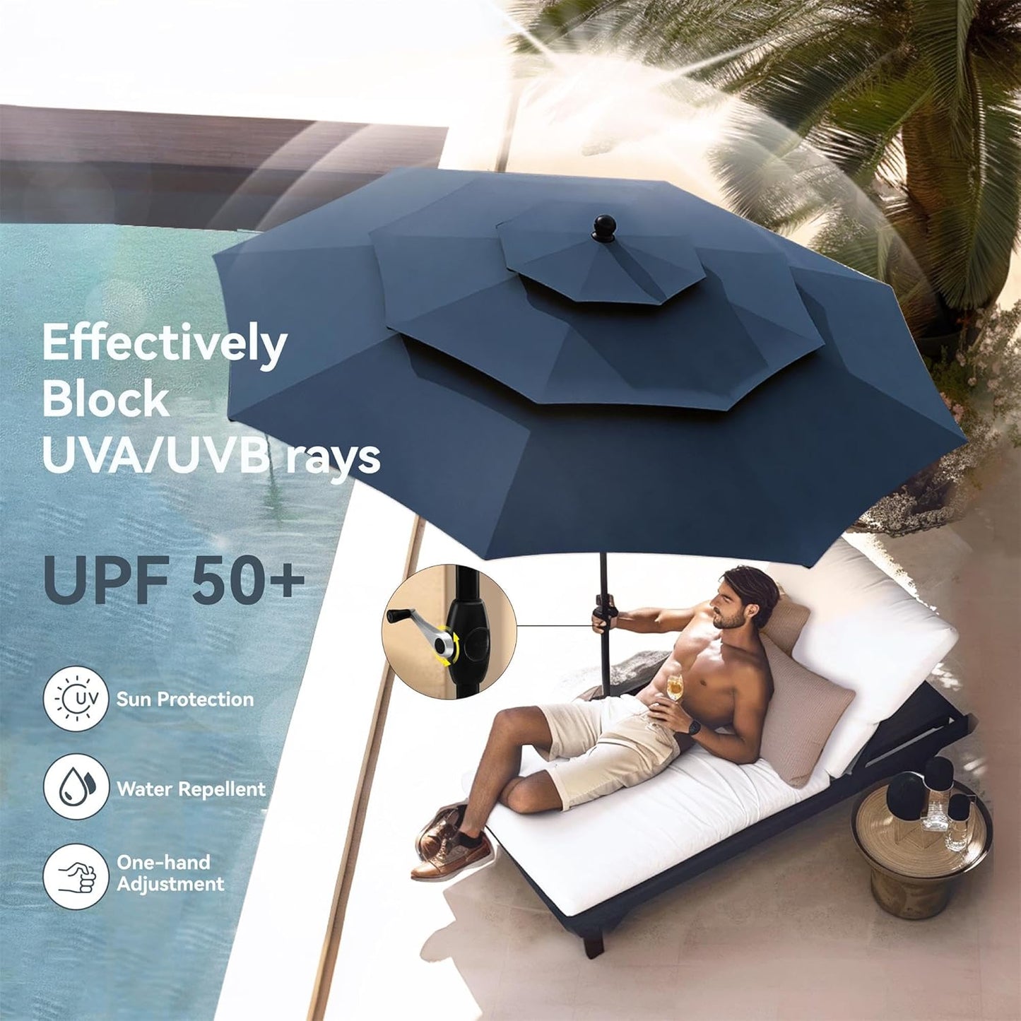 PHI VILLA Patio Table and Chairs Dining Set with Umbrella for 4, Outdoor Dining Set with 4 Swivel Patio Chairs, 1 Square Metal Dining Table and 10ft Navy Blue Large Patio Umbrella (No Umbrella Base)