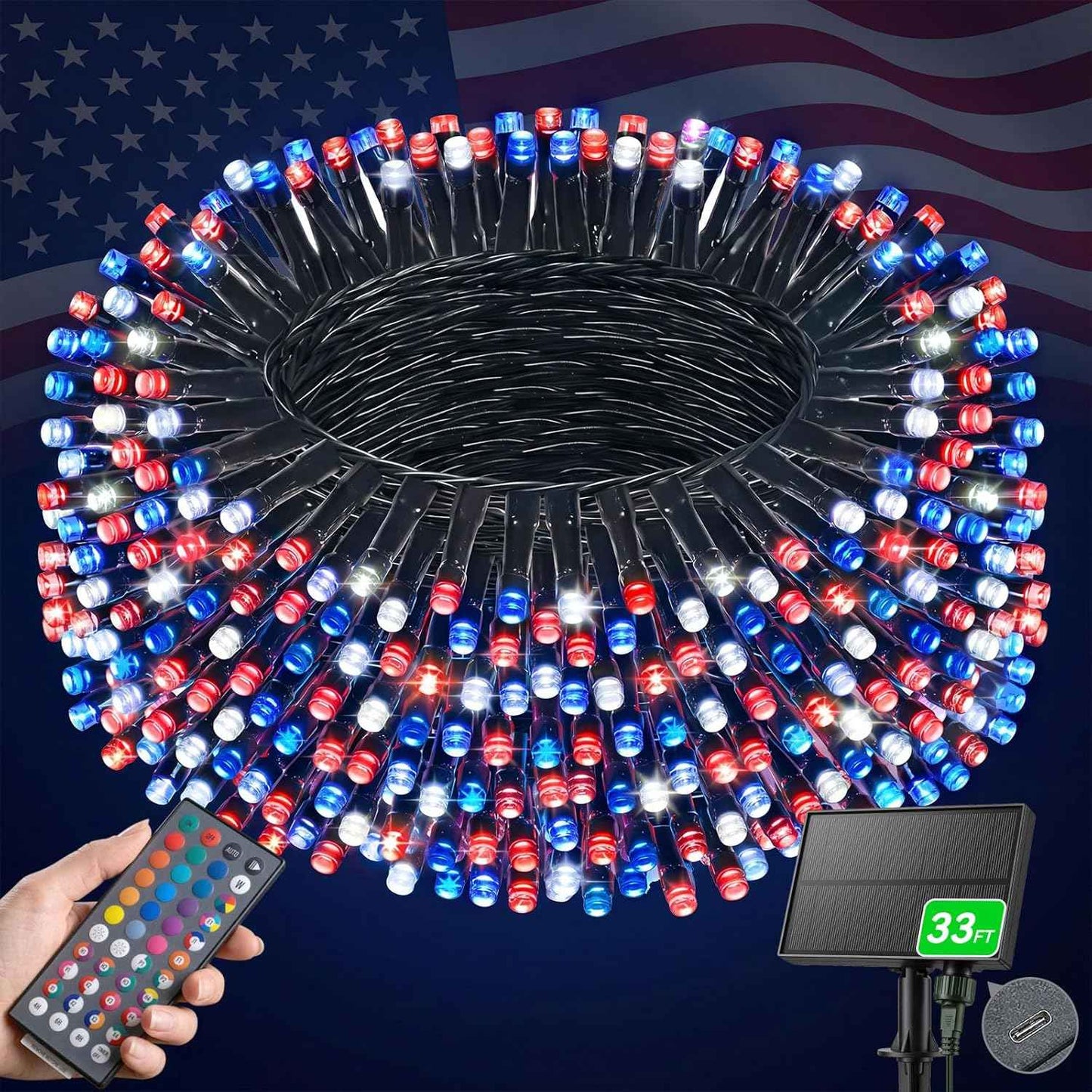 LitHome 34 Colors Solar String Lights Outdoor with Remote, 33FT 100 LED Solar & USB Powered Christmas String Lights, Waterproof Color Changing Light for Garden Patio Yard Tree Fence Decor