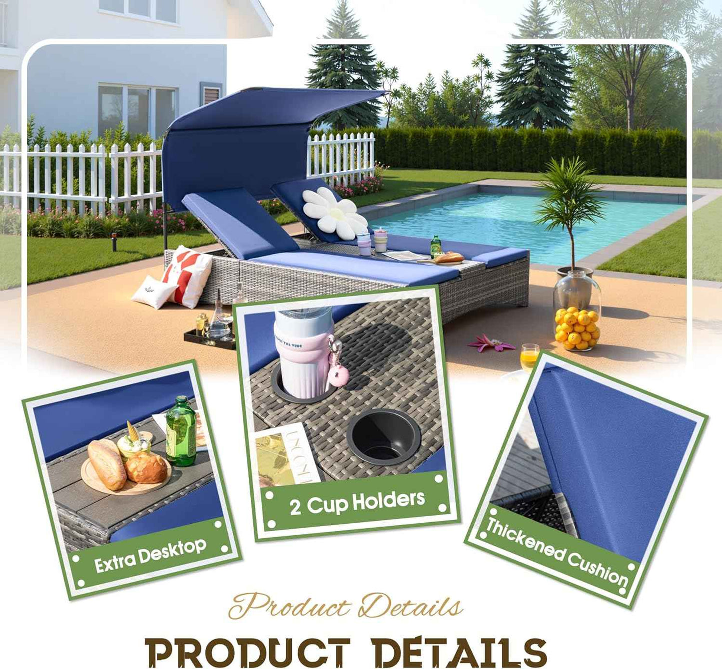 Flamaker Outdoor Double Chaise Lounge with Adjustable Canopy - 600LBS Capacity 2-Person Patio Daybed with Removable Cushions & Side Table, PE Rattan Sun Lounger for Pool, Garden, Backyard (Blue)