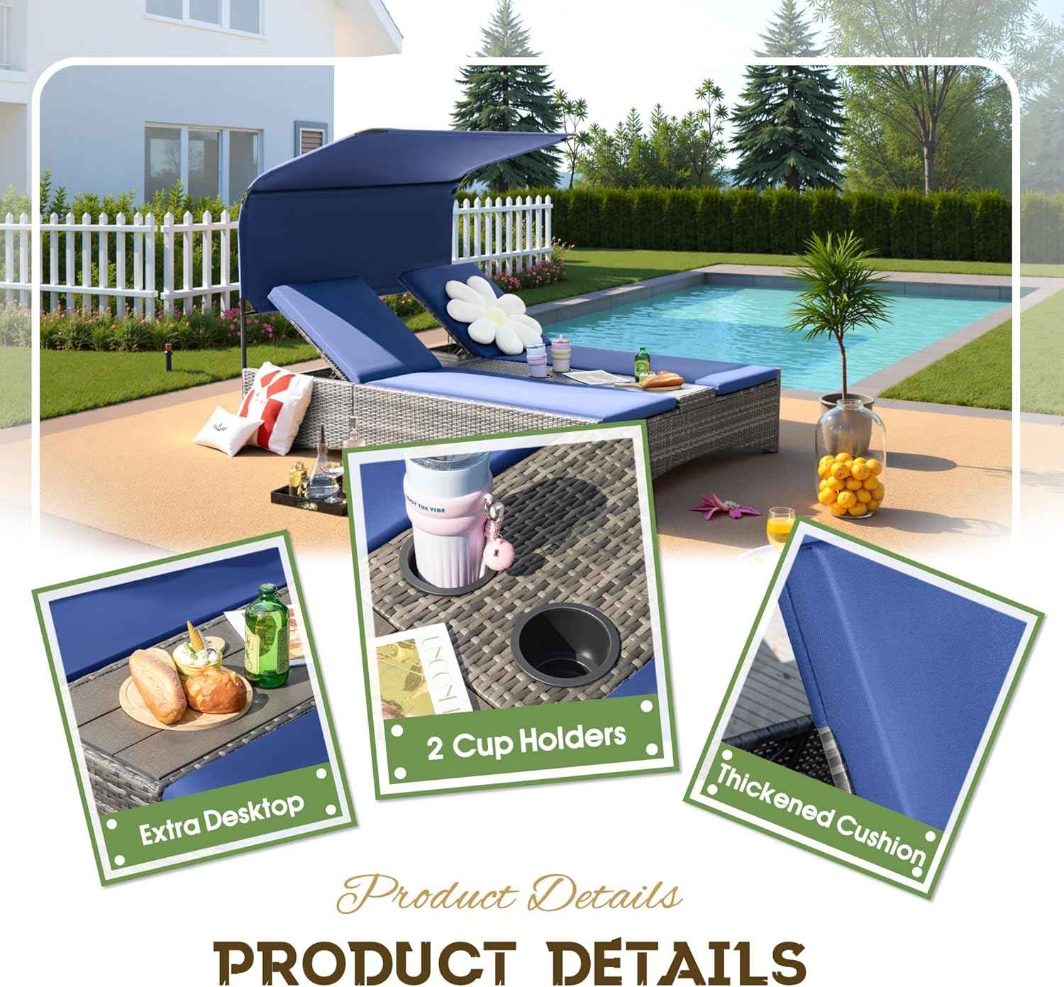 Flamaker Outdoor Double Chaise Lounge with Adjustable Canopy - 600LBS Capacity 2-Person Patio Daybed with Removable Cushions & Side Table, PE Rattan Sun Lounger for Pool, Garden, Backyard (Blue)
