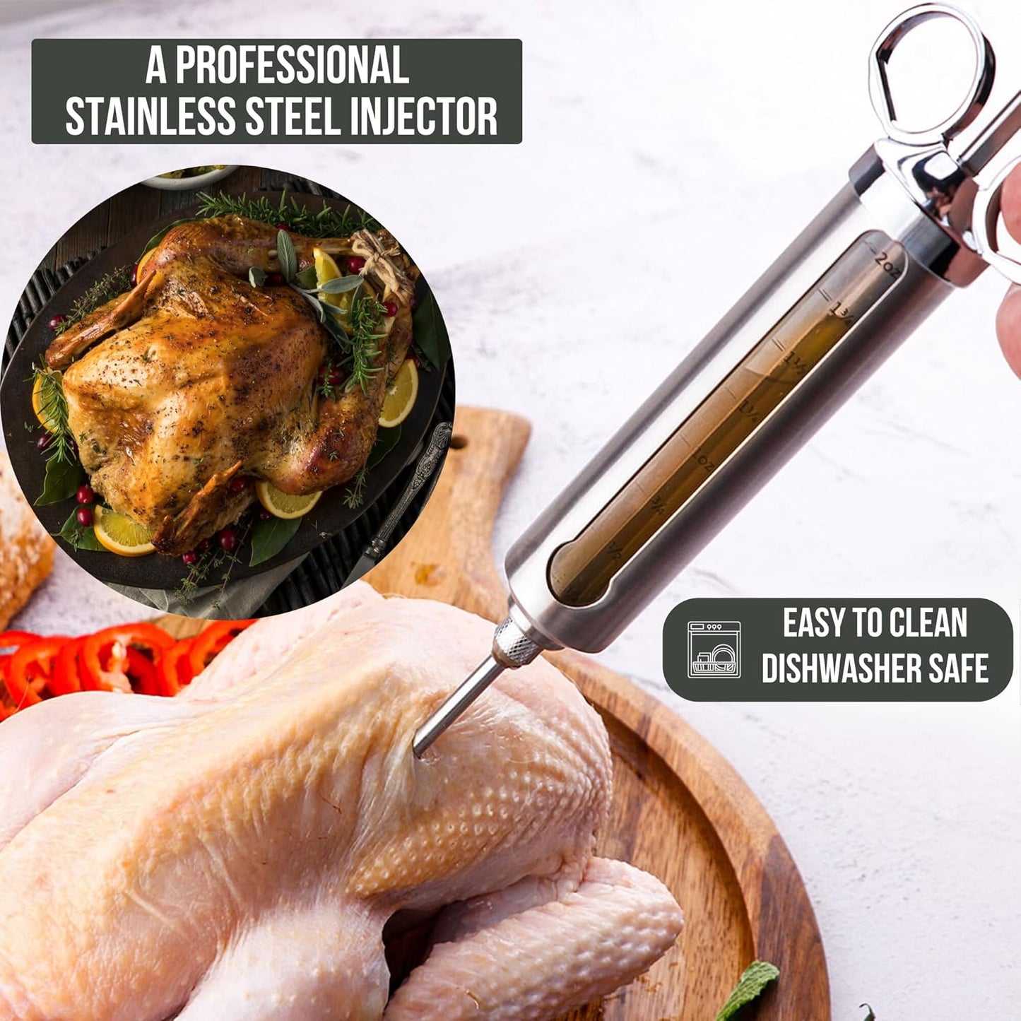 Professional Meat Injector Marinade Syringe Kit for Smoking & Grilling Turkey, Brisket & BBQ - Large 2 Oz Visible Stainless Steel Capacity - Never Leaks or Clogs + Safe Grill Cleaner & Flavor Brush