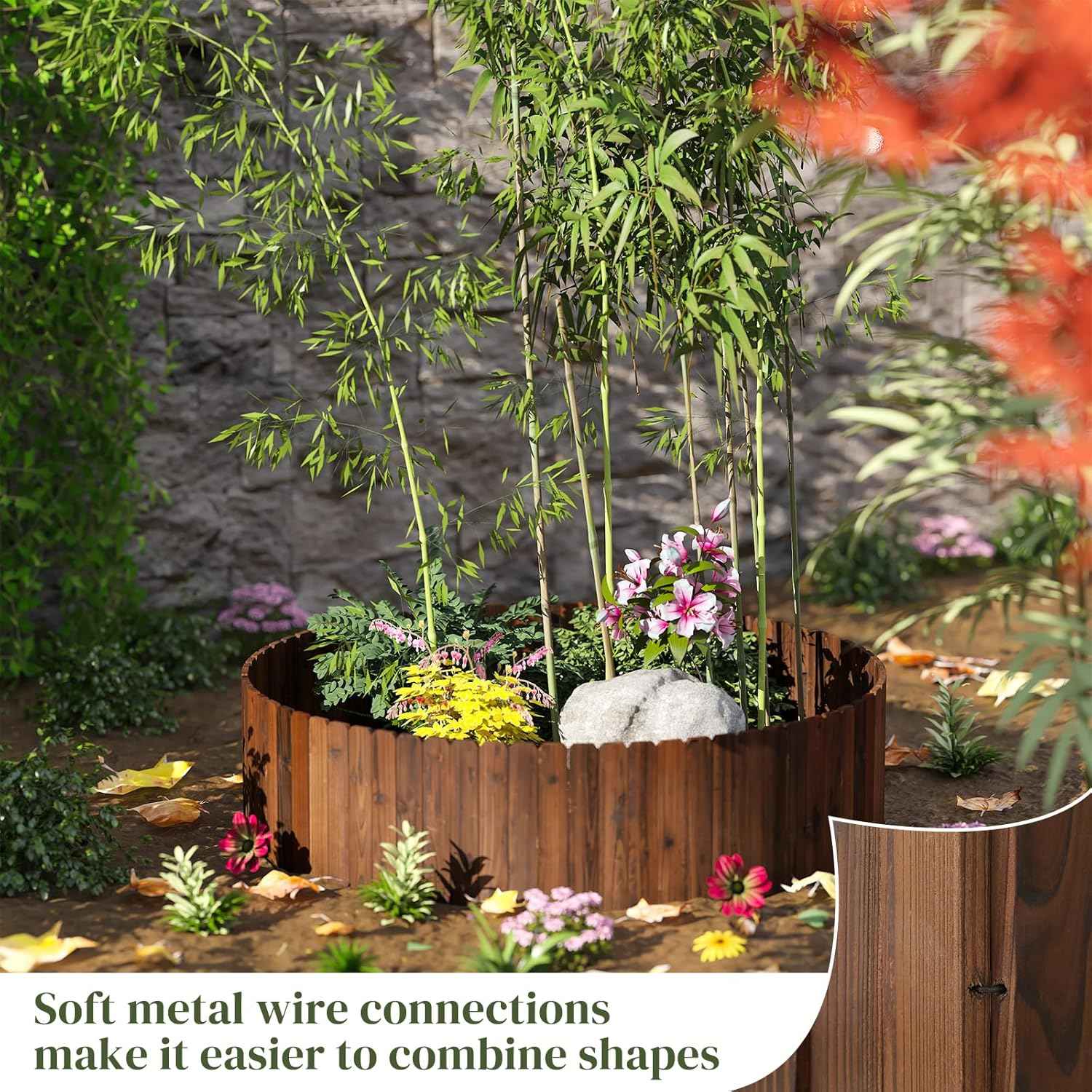 12FT Total Length Wooden Garden Fence Wood Garden Edging Border No Dig Landscape Edging Decorative Flower Bed Border Courtyards Planting Tree Fence Patio Path Edging - 3Pack 11.8" H x 48" L
